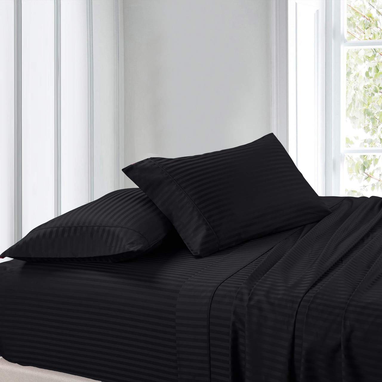 King Size Waterbed Sheets - 100% Cotton, Black, Cool Cotton Sateen with Smooth Striped Pattern | Ultra Soft & Breathable Bedding for Waterbeds | Perfect for Home, Hotel, and Spa Relaxation