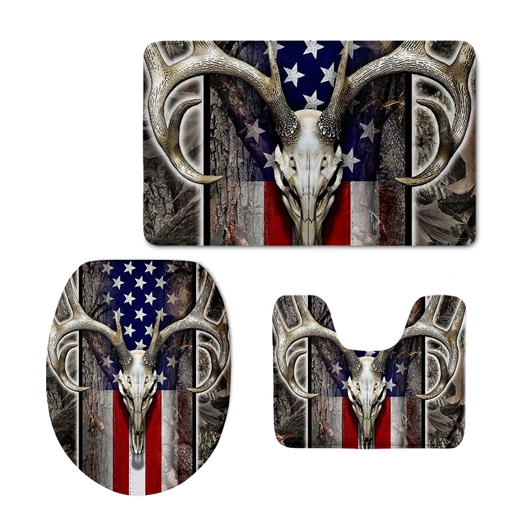 Xhuibop American Flag Deer Bathroom Rug Set - 3 Piece U-Shaped Toilet Mat, Non-Slip Bath Mat & Contour Lid Cover - Patriotic Bathroom Decor for Homes, Cabins, and RV Use