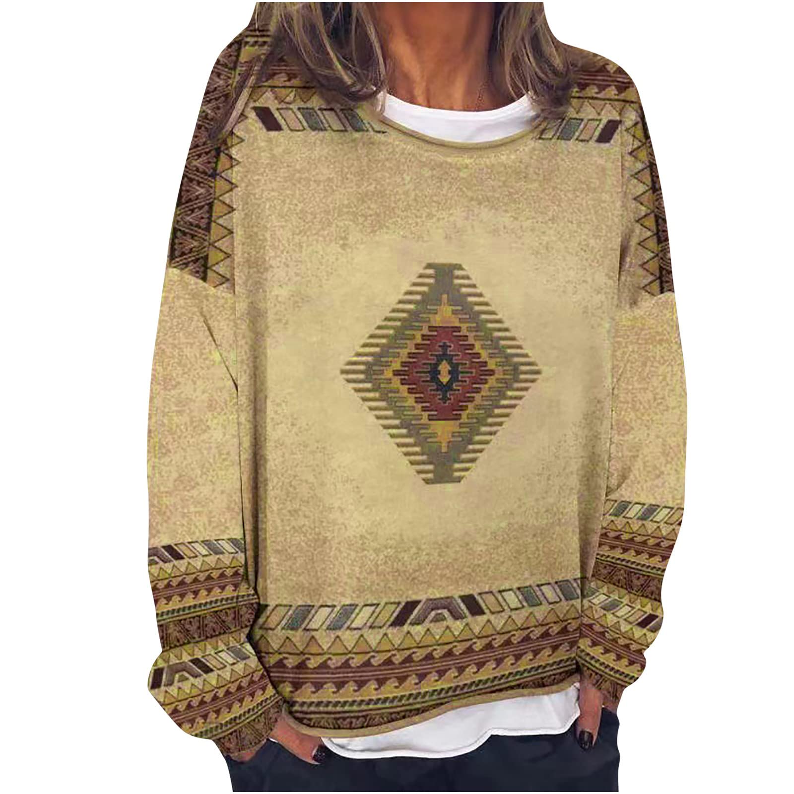 Women's Casual Loose Fit Long Sleeve Sweatshirt - Geometric Ethnic Print Pullover Top with Crewneck | Perfect for Everyday Wear, Weekend Outfits & Boho Style Fashion
