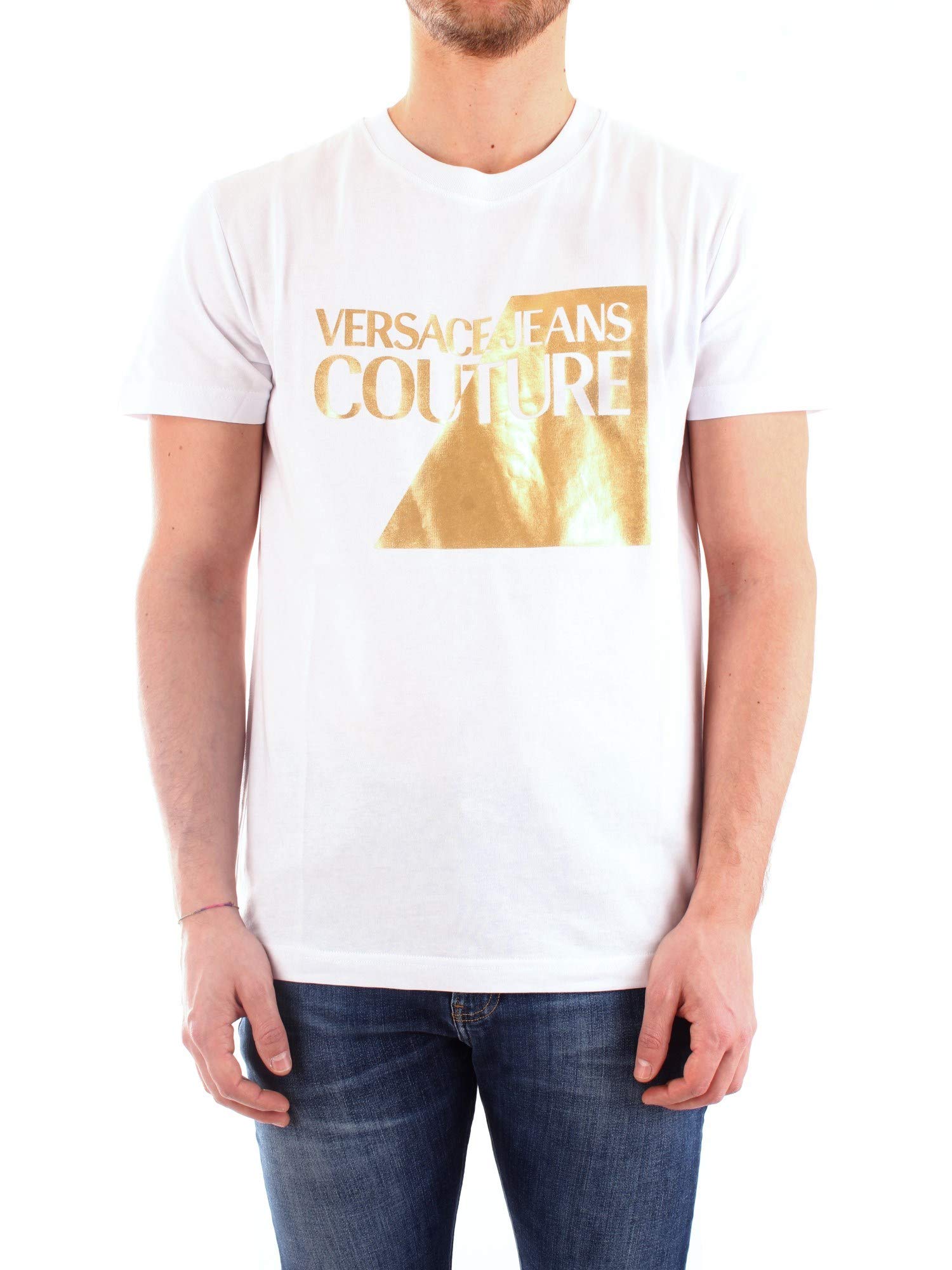 Versace Jeans Couture White 100% Cotton Oversized Split Foil Logo Short Sleeve T-Shirt for Men | Luxury Streetwear Fashion | Perfect for Casual Outings, Parties & Summer Wear