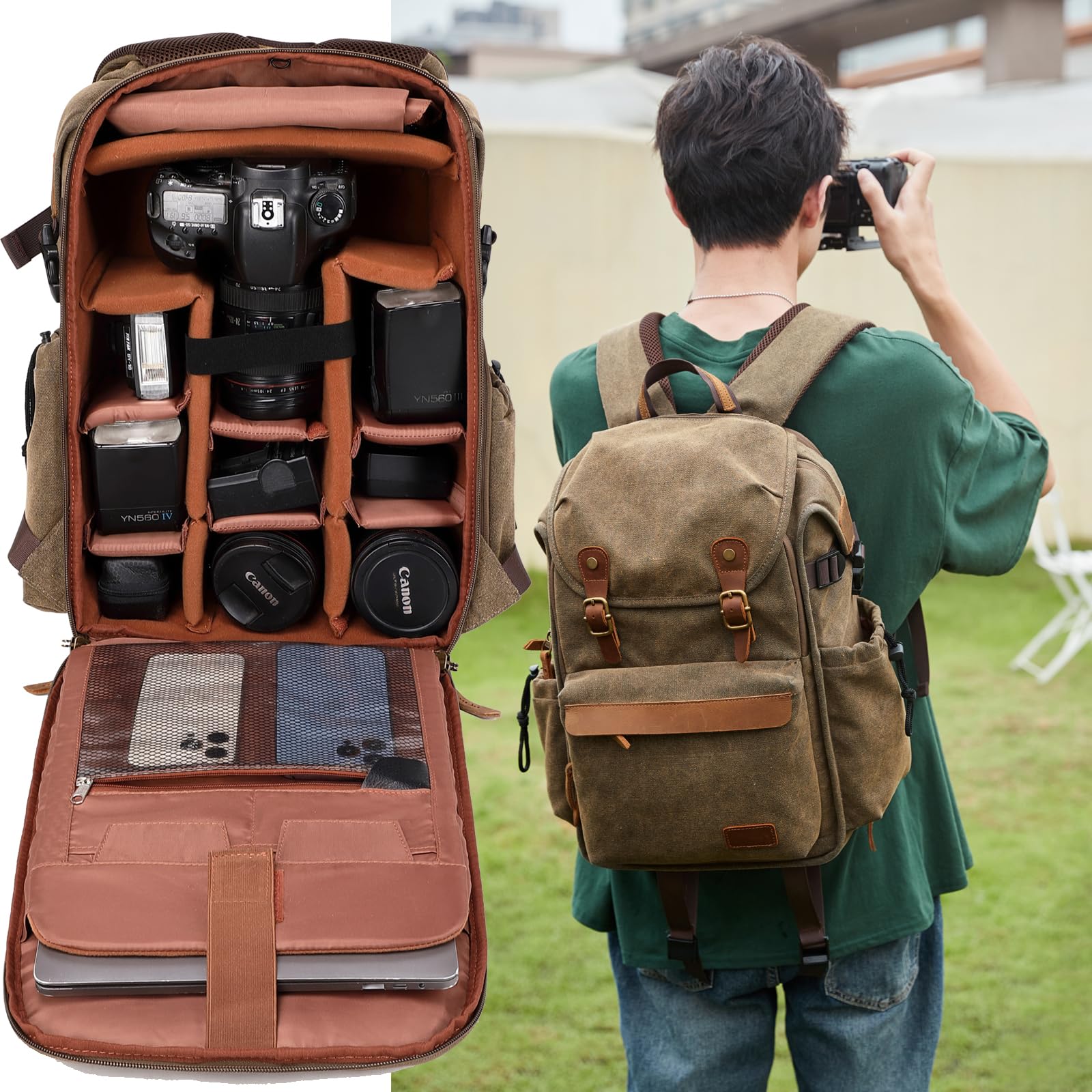 Professional Camera Backpack for DSLR & Drone - Large Capacity Waterproof Canvas Photography Bag (Coffee) - Perfect for Travel, Hiking & Outdoor Photography