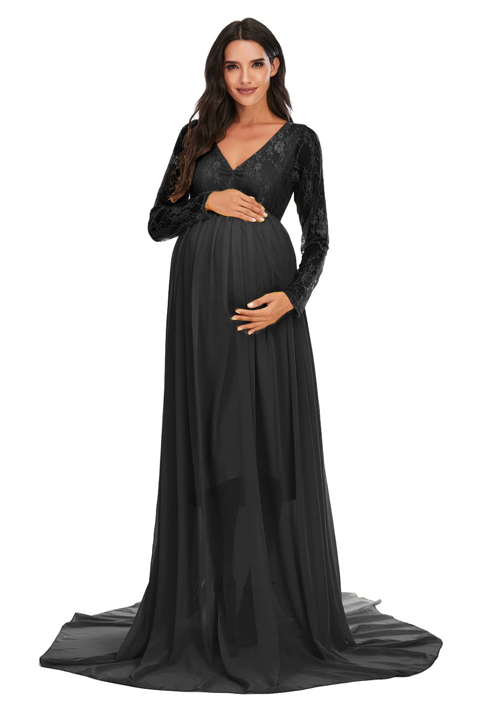 ZIUMUDY Elegant Maternity V-Neck Chiffon Maxi Dress with Lace Stitching - Perfect for Baby Shower, Pregnancy Photoshoot & Special Occasions