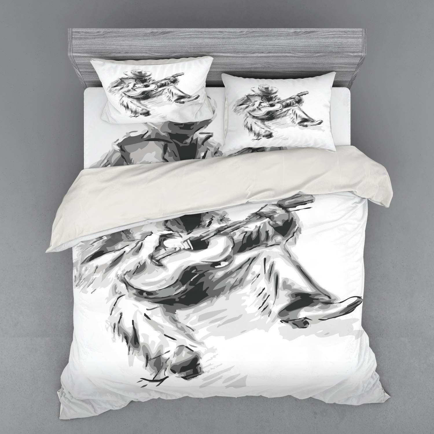 Ambesonne Music Themed Duvet Cover Set - Cowboy Playing Guitar Print, 4-Piece King Size Bedding Set with Shams & Fitted Sheet in Black & Pale Grey | Perfect for Country Music Lovers' Bedroom Decor