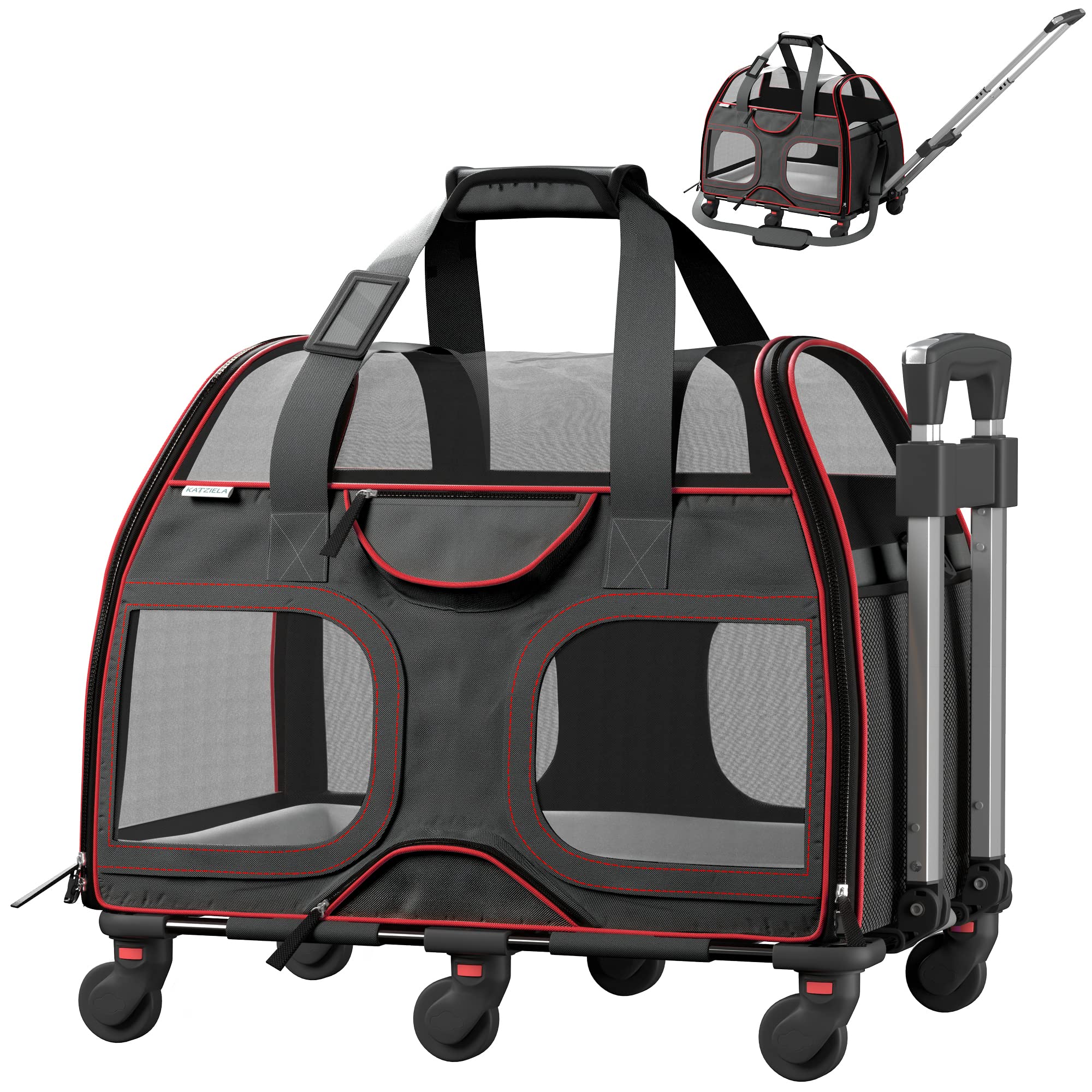 Katziela Airline Approved Pet Carrier for Small Dogs & Cats - TSA Compliant Soft-Sided Travel Carrier - Lightweight & Durable for Airplane Cabin Use (Black/Red) - Perfect for Air Travel, Vet Visits & Daily Outings