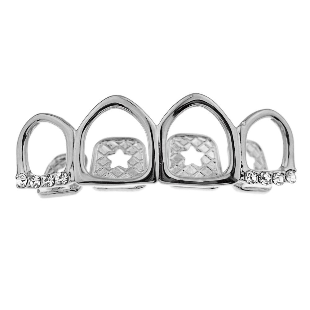 4-Piece Silver Tone Open Face Tooth Grillz for Upper Teeth - Hip Hop Mouth Jewelry for Men & Women | Perfect for Parties, Concerts, and Rap Performances