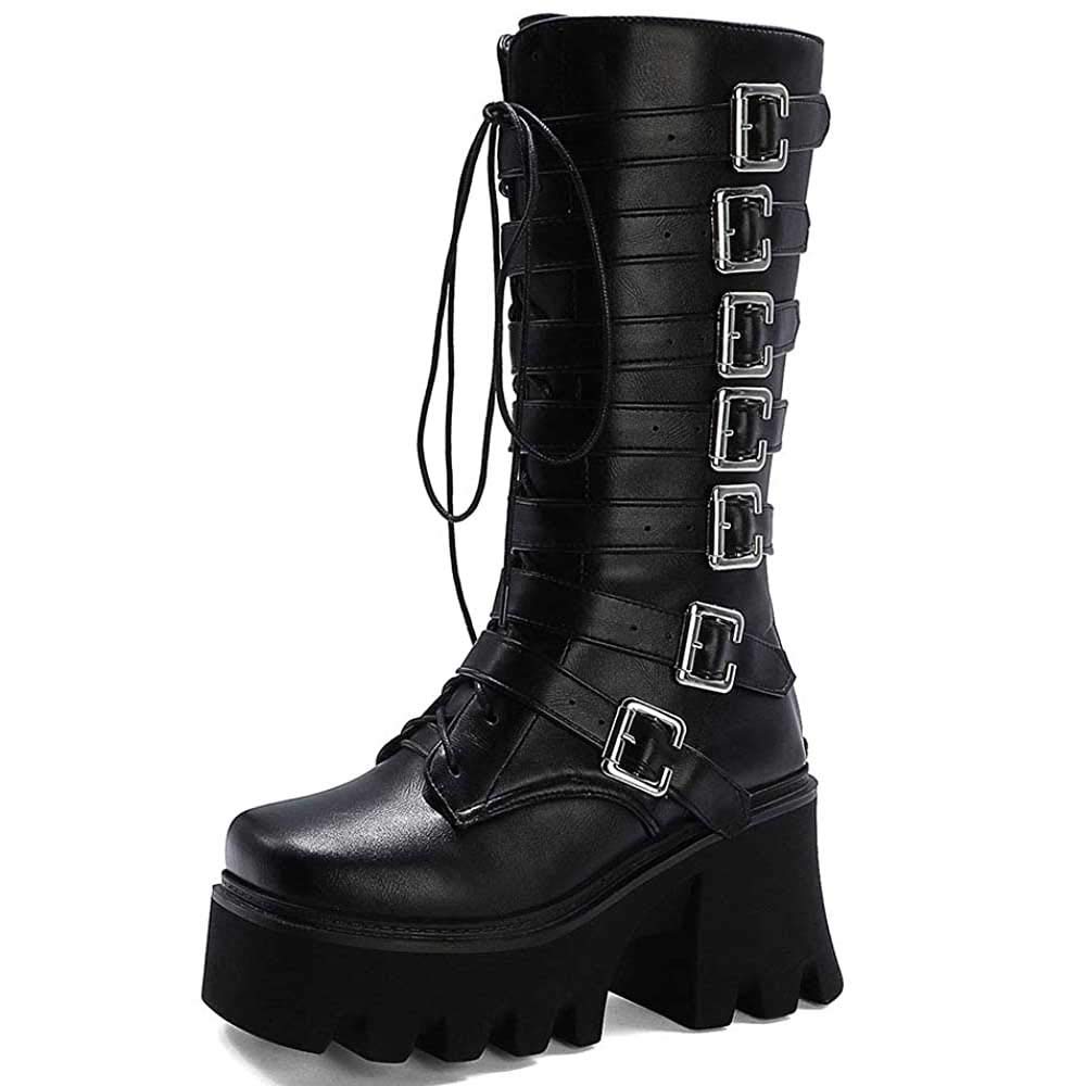 Women's Studded Mid Calf Combat Boots - Thick Platform Round Toe Punk Gothic Boots with Buckle & Rivet Details - Perfect for Halloween, Concerts & Edgy Street Style