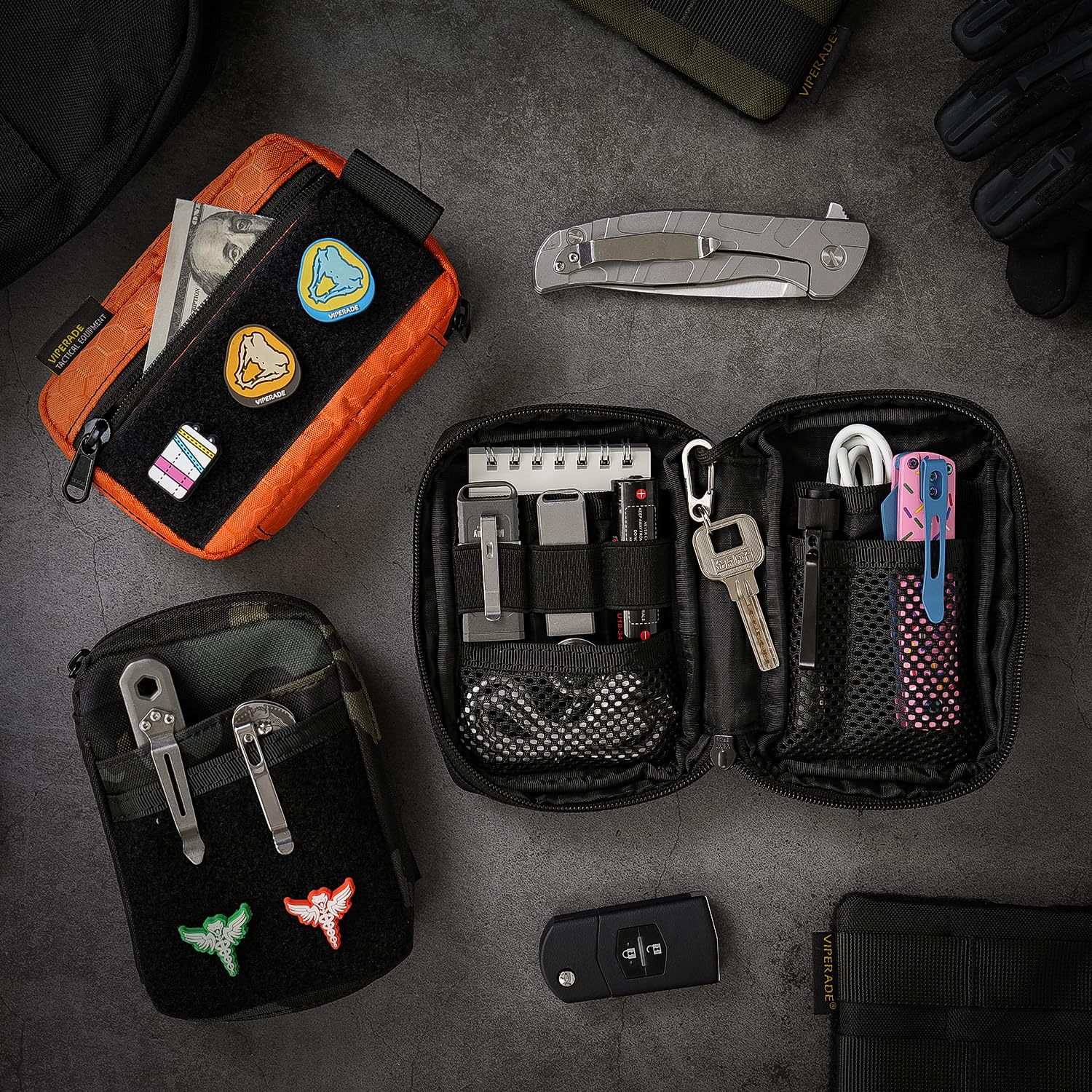 VIPERADE VE26 EDC Pouch - 8-Pocket 3-Elastic Loop Multi-Tool Organizer with Hook & Loop Closure - Black | Compact EDC Gear Storage for Tactical Tools, Knives & Everyday Carry Essentials