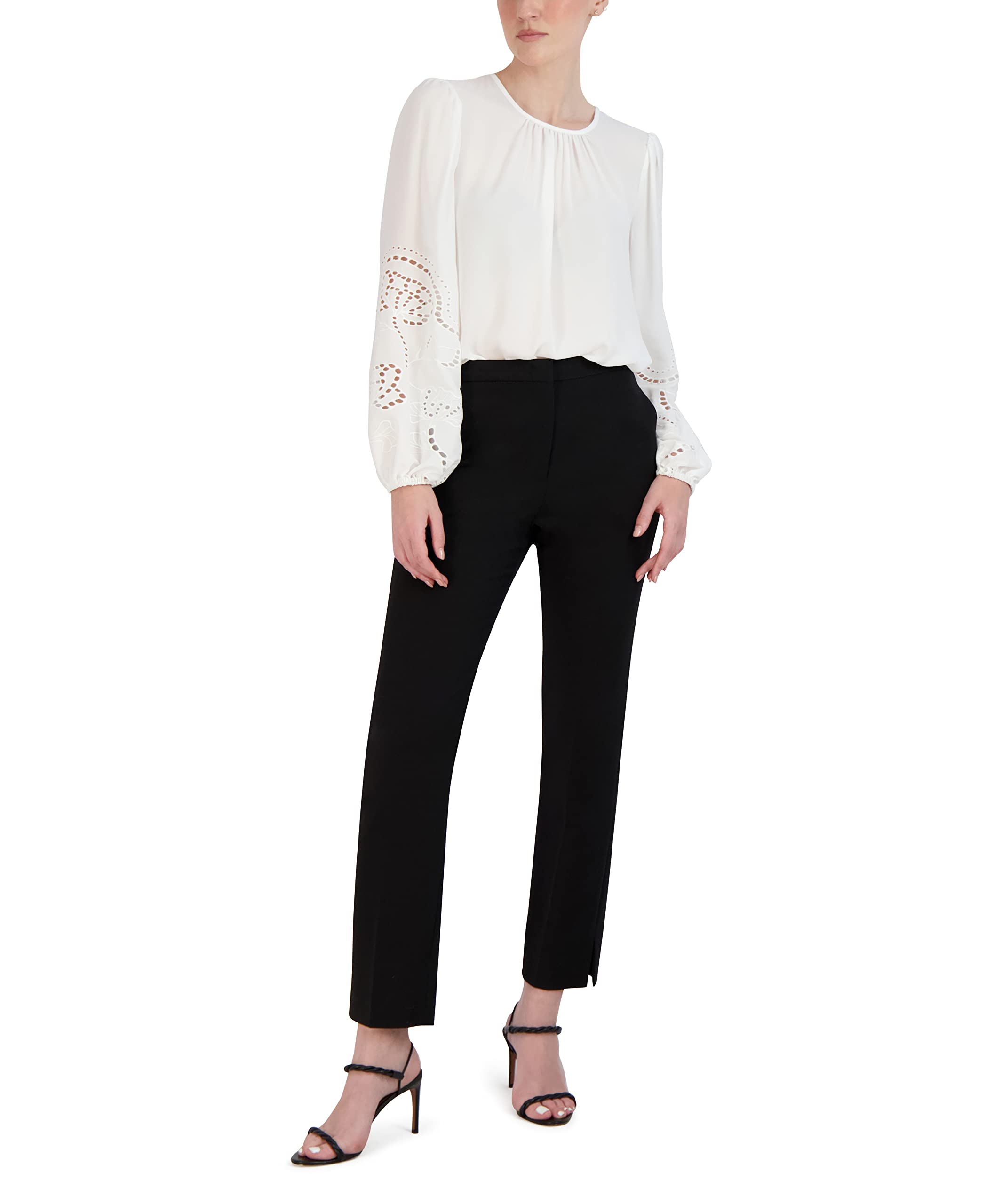 BCBGMAXAZRIA Women's Embroidered Keyhole Blouse Long Sleeve Top - Elegant Floral Design for Office, Party & Special Occasions