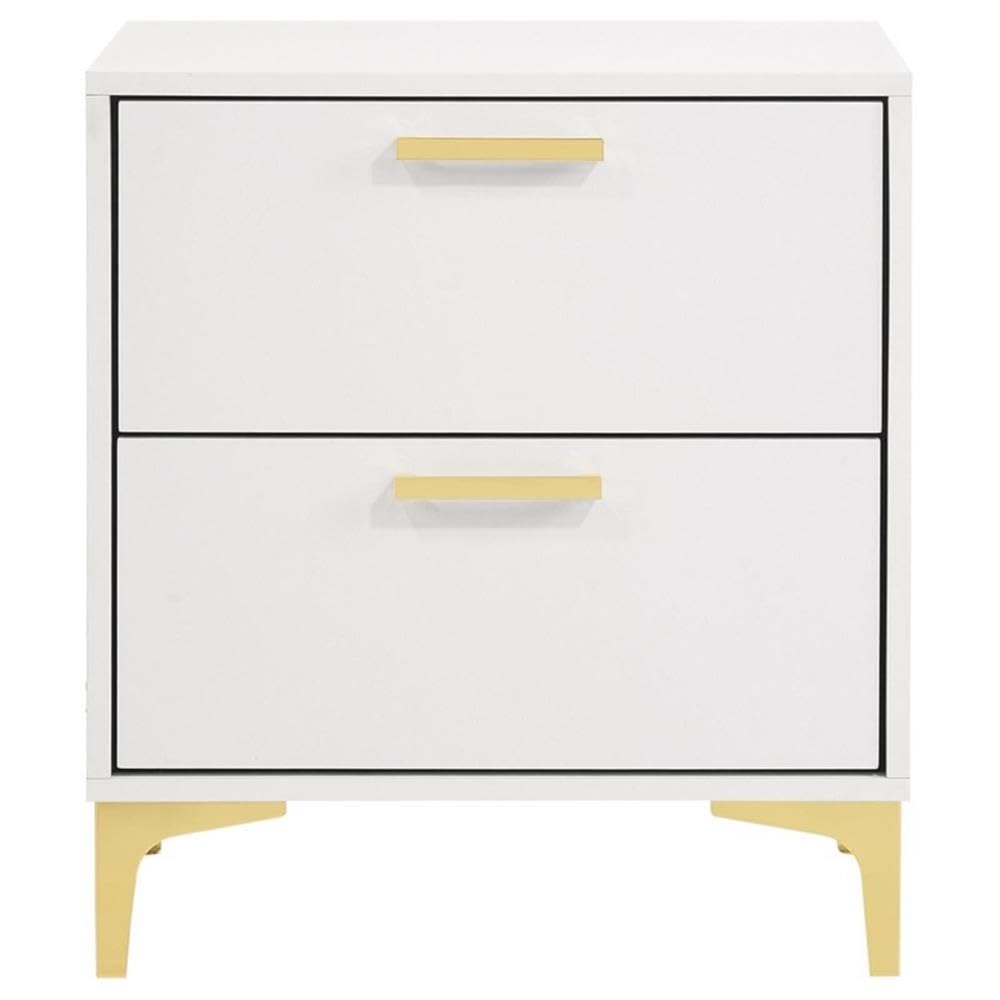 MAKLAINE White Modern 2-Drawer Wood Nightstand with Metal Base - Bedside Table for Bedroom, Living Room & Guest Room Storage
