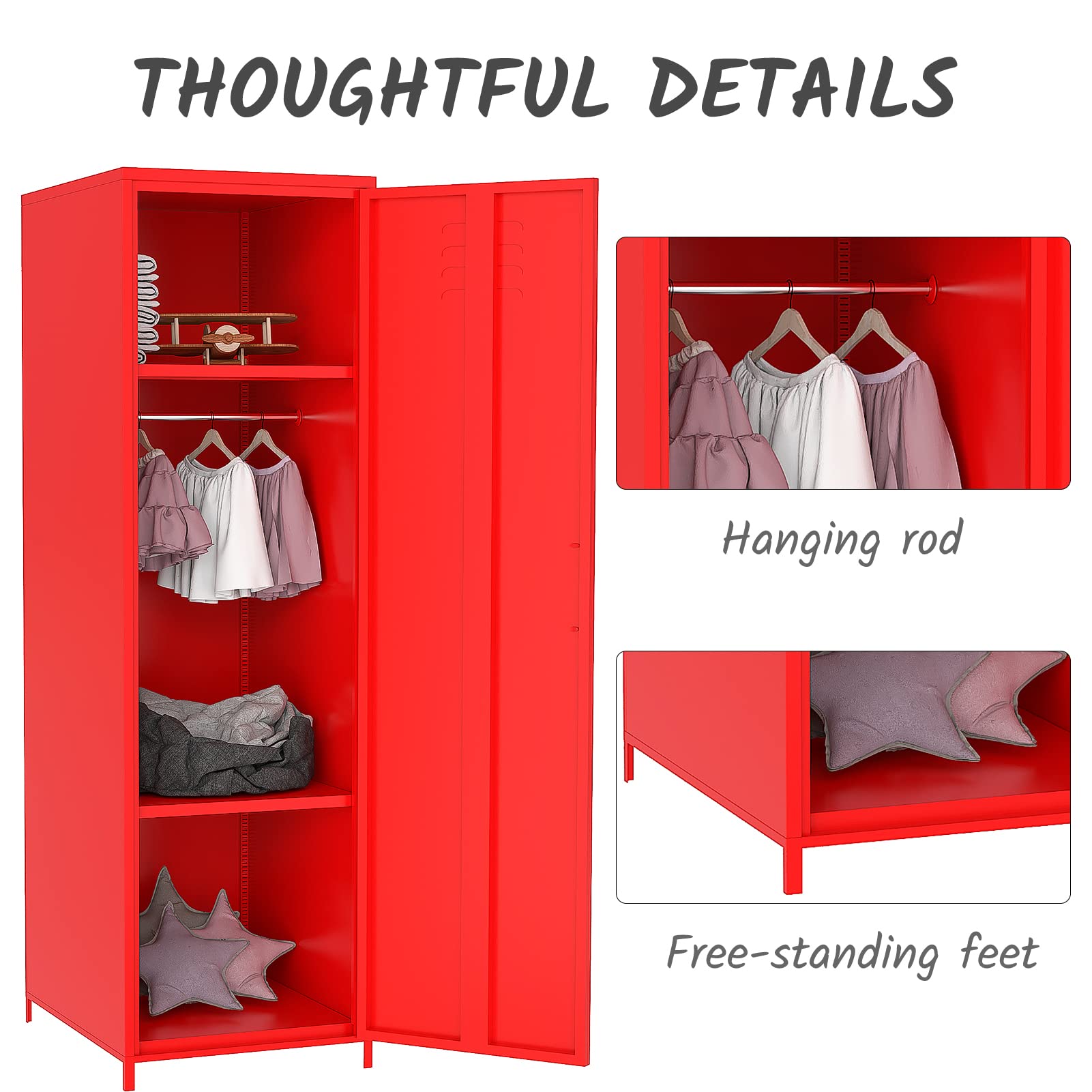 Steel Locker Cabinet - Single Door Metal Storage Locker with Hanging Rod & Shelves for Bedroom, School, Classroom | Organize Toys, Clothes & Essentials in Style (Red)