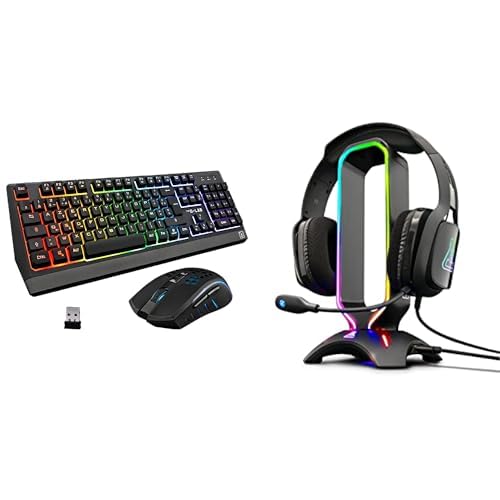 G-Lab Combo Wireless Gaming Keyboard and Mouse Set - Retro Illuminated AZERTY Keyboard, Wireless Gaming Mouse & K-Stand Radon Headset/Microphone Stand - Perfect for PC, PS4, PS5, Xbox Gaming Setup