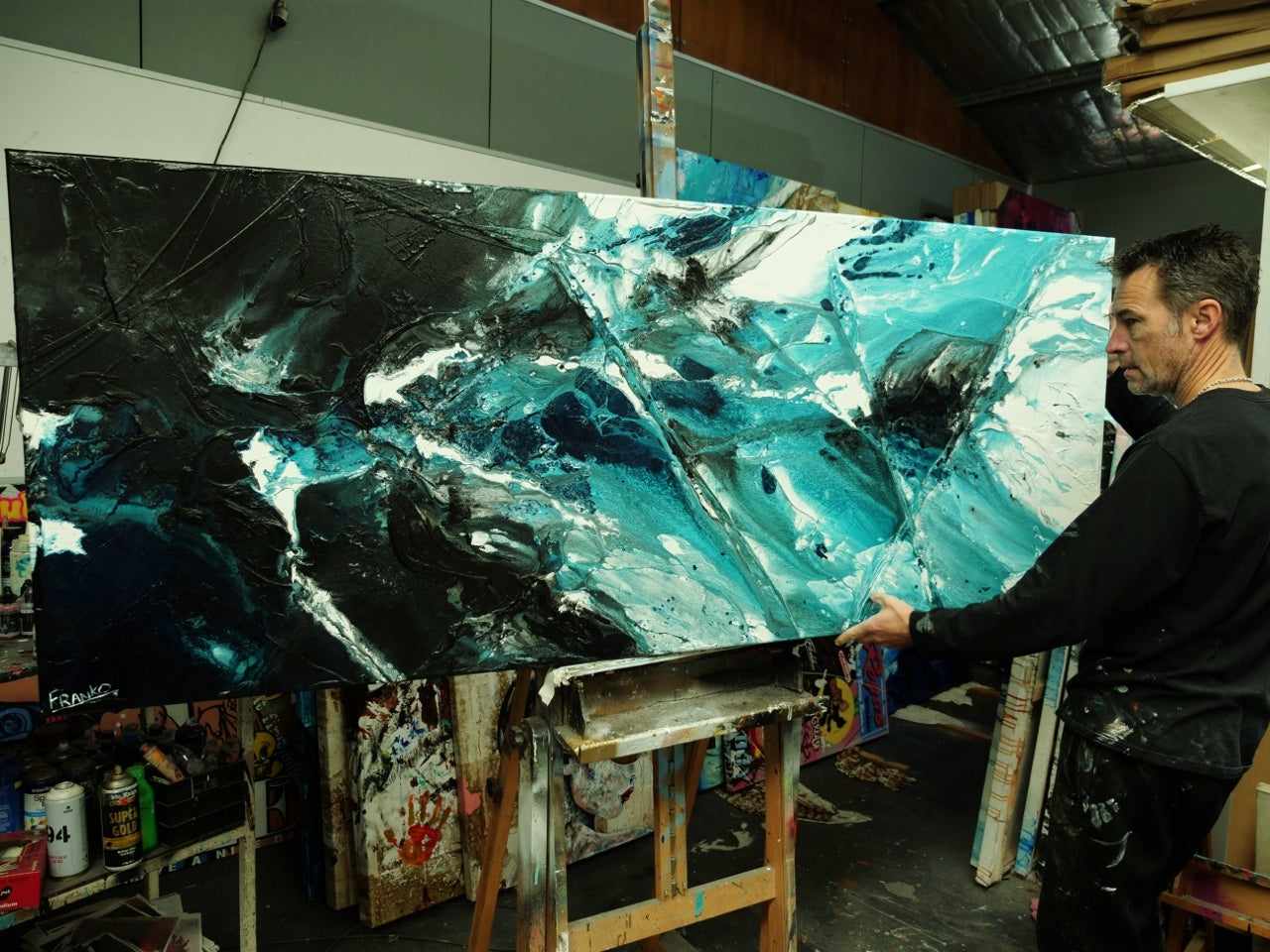 200cm x 80cm Teal Black Textured Abstract Wall Art Painting - Modern Canvas Artwork for Living Room, Bedroom & Office Decor