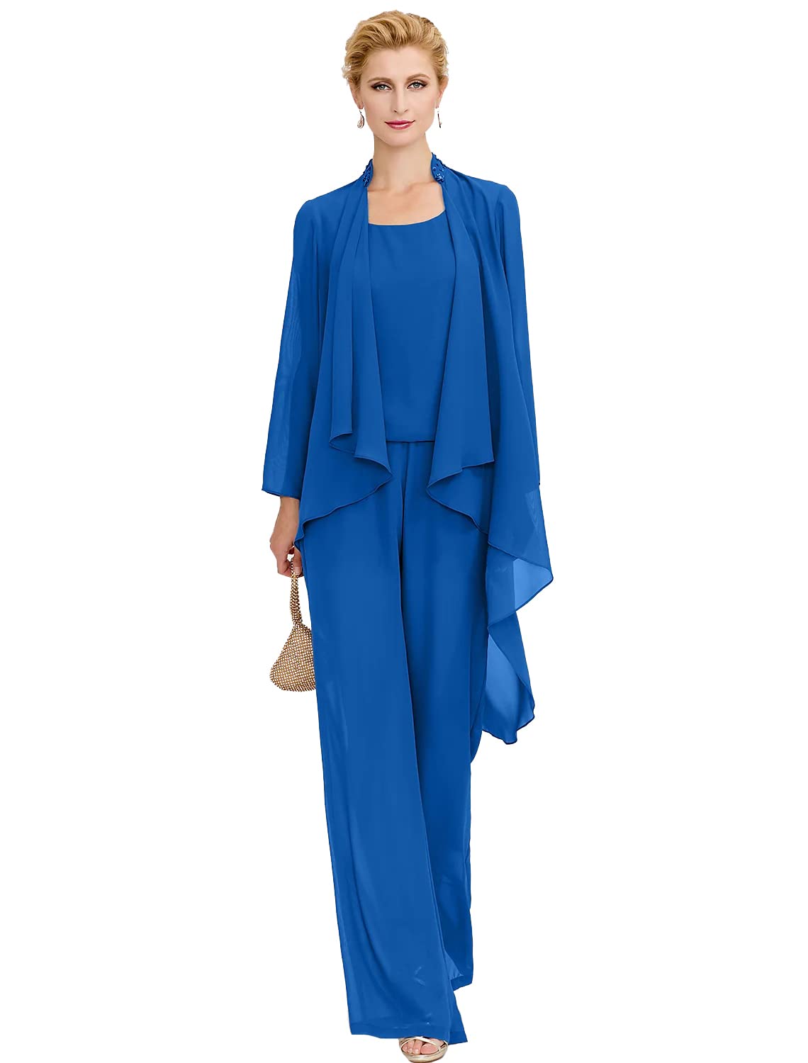 Elegant Beaded Chiffon Mother of the Bride Dress Pant Suit 3-Piece Set with Jacket - Formal Wedding Guest Outfit for Women - Perfect for Weddings, Receptions & Special Occasions
