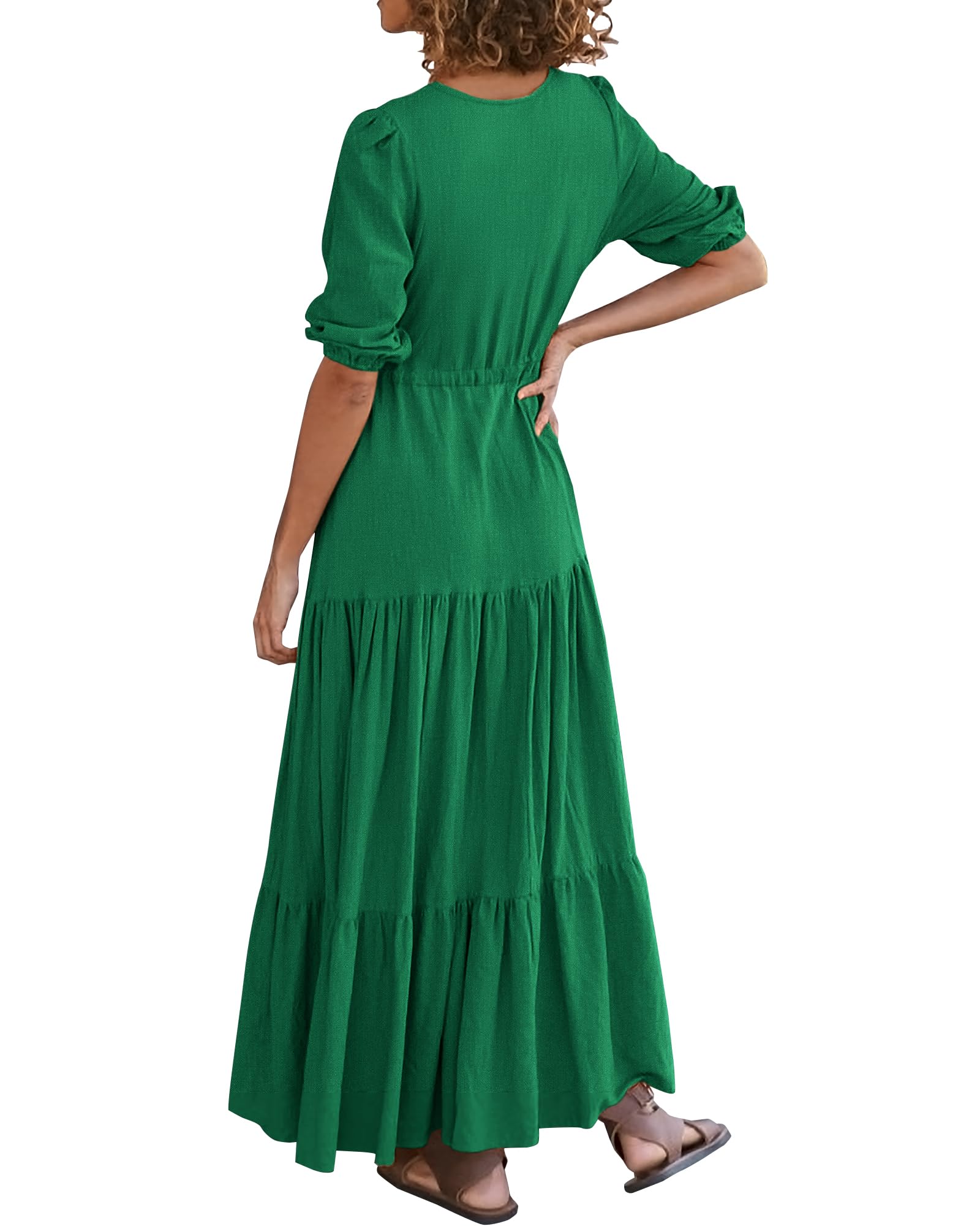 BTFBM Women's Summer Maxi Dress - Short Sleeve V-Neck Button Down Boho Dress with Drawstring Waist, Solid Color Long Dress for Beach, Vacation & Casual Outings