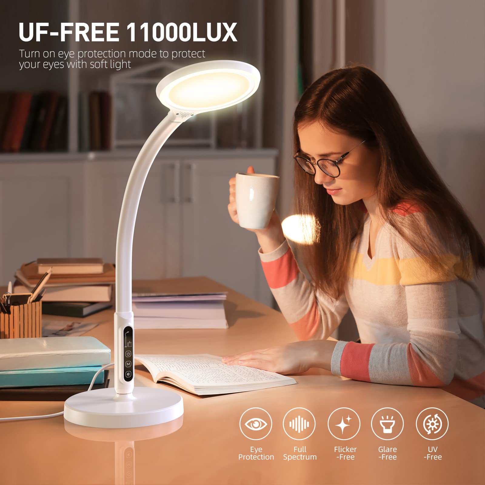 11000 Lux LED Light Therapy Lamp - UV-Free Full Spectrum Sunlight Lamp with 10 Brightness Levels, 2-in-1 Retractable Floor/Desk Lamp for Seasonal Affective Disorder (SAD), Winter Blues & Home Office Wellness