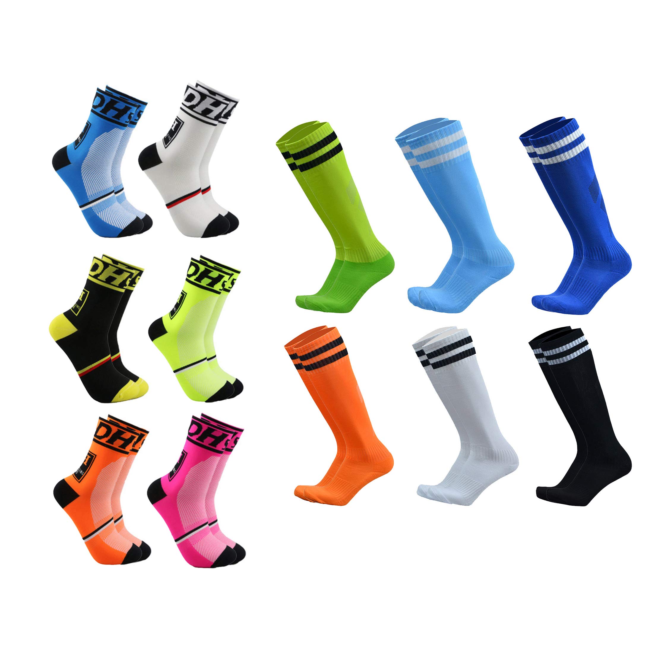 6-Pack Breathable Cycling Socks & 6-Pack Cushioned Soccer Socks for Men & Women - Moisture-Wicking Athletic Socks for Biking, Running, Gym & Sports Activities