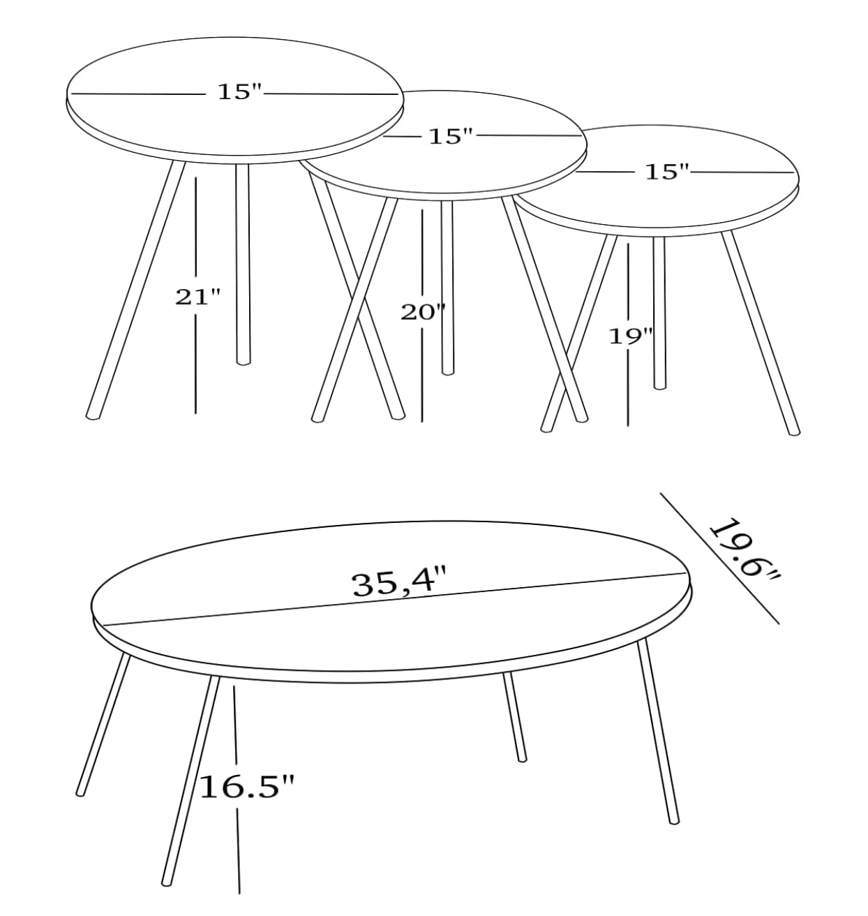 4 Piece Living Room Table Set - 1 Coffee Table & 3 Nesting Tables, Easy No-Tools Assembly, Solid Pinewood, Ellipse Coffee Table with Round Side Tables - Perfect for Small Spaces, Living Room Decor & Coffee Table Organization