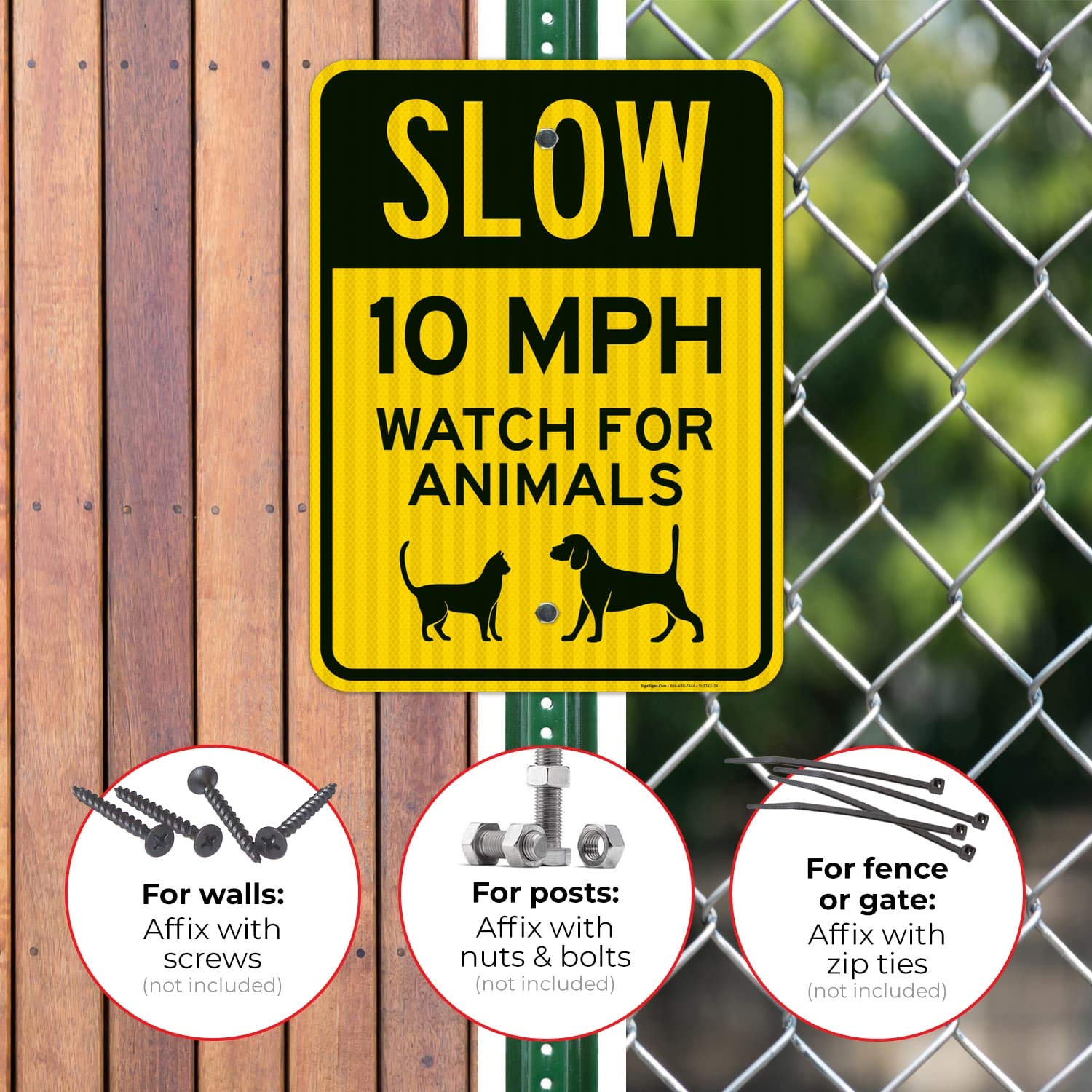 Slow 10 MPH Watch for Animals Sign - 18x24 Inches Reflective Traffic Sign - 3M EGP .080 Aluminum - Fade Resistant for Indoor & Outdoor Use - Made in USA - Perfect for School Zones, Rural Roads & Wildlife Areas