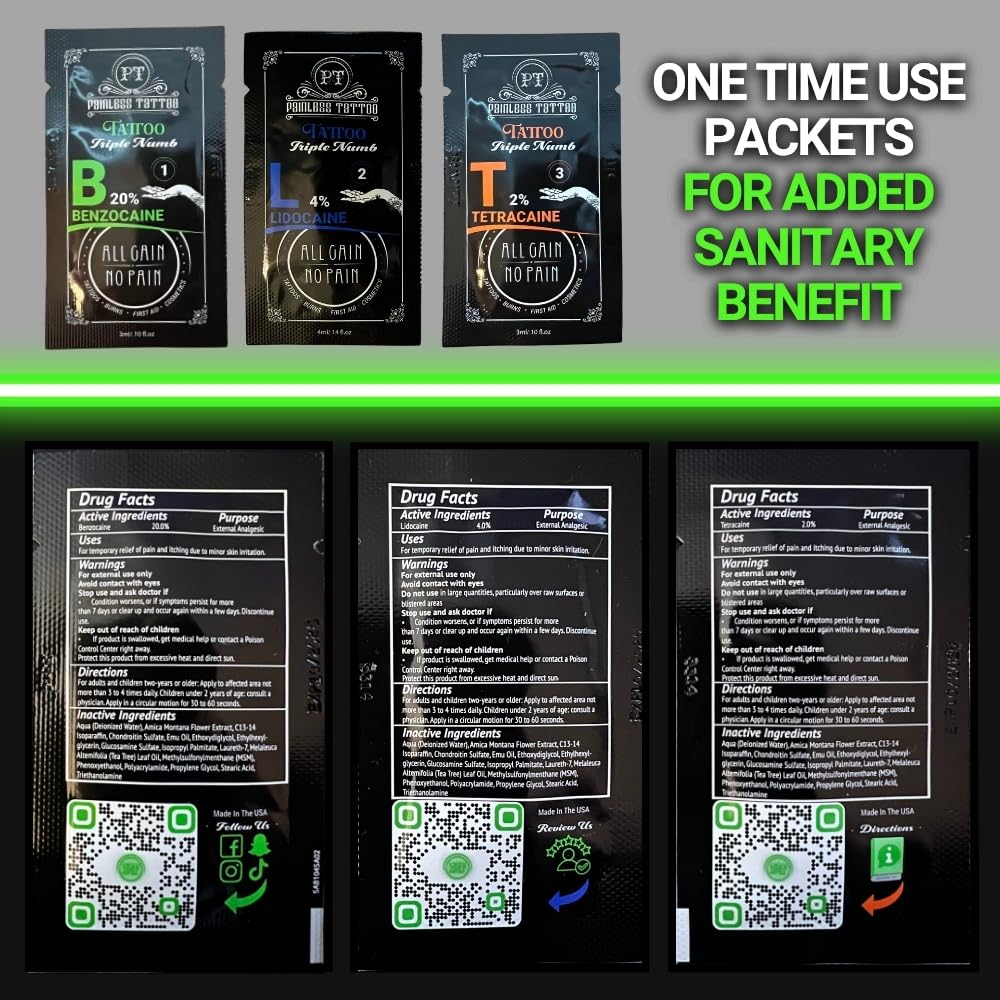 Painless Tattoo BLT Triple Numb Variety Pack with Spray Combo - Benzo-Lido-Tetra-Caine Anesthetic for Tattoos, Burns, First Aid & Cosmetic Procedures - Includes 2 BLT TriPackets & 1 Numbing Spray - Perfect for Tattoo Artists, Piercing Professionals & Home First Aid Kits