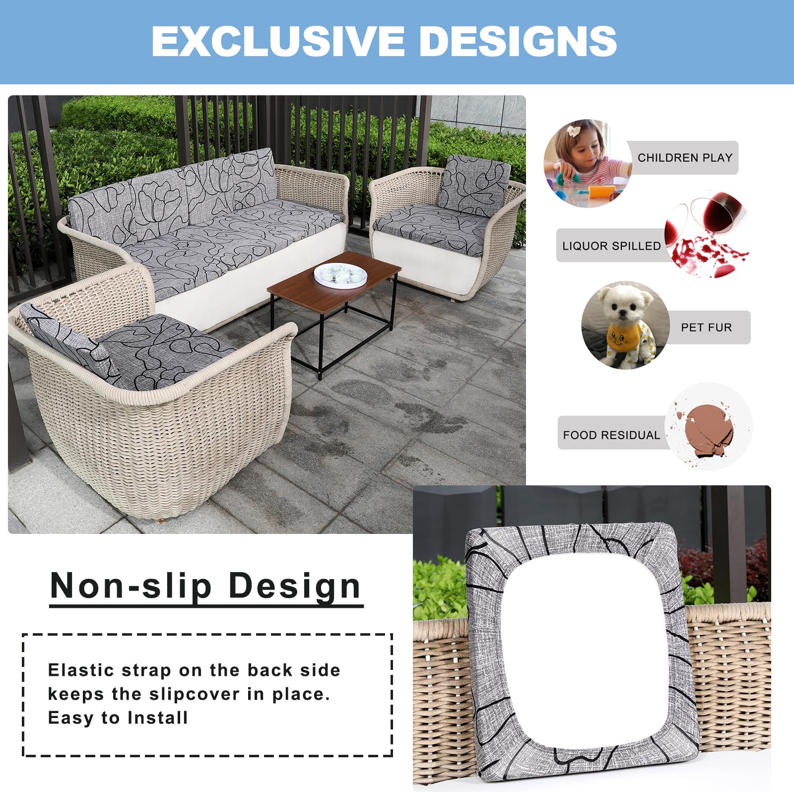 8-Piece Stretch Patio Cushion Covers Set - Waterproof Outdoor Sofa & Chair Covers (20-27 Inch) - Replacement Furniture Protector for Deck, Poolside & Garden Seating