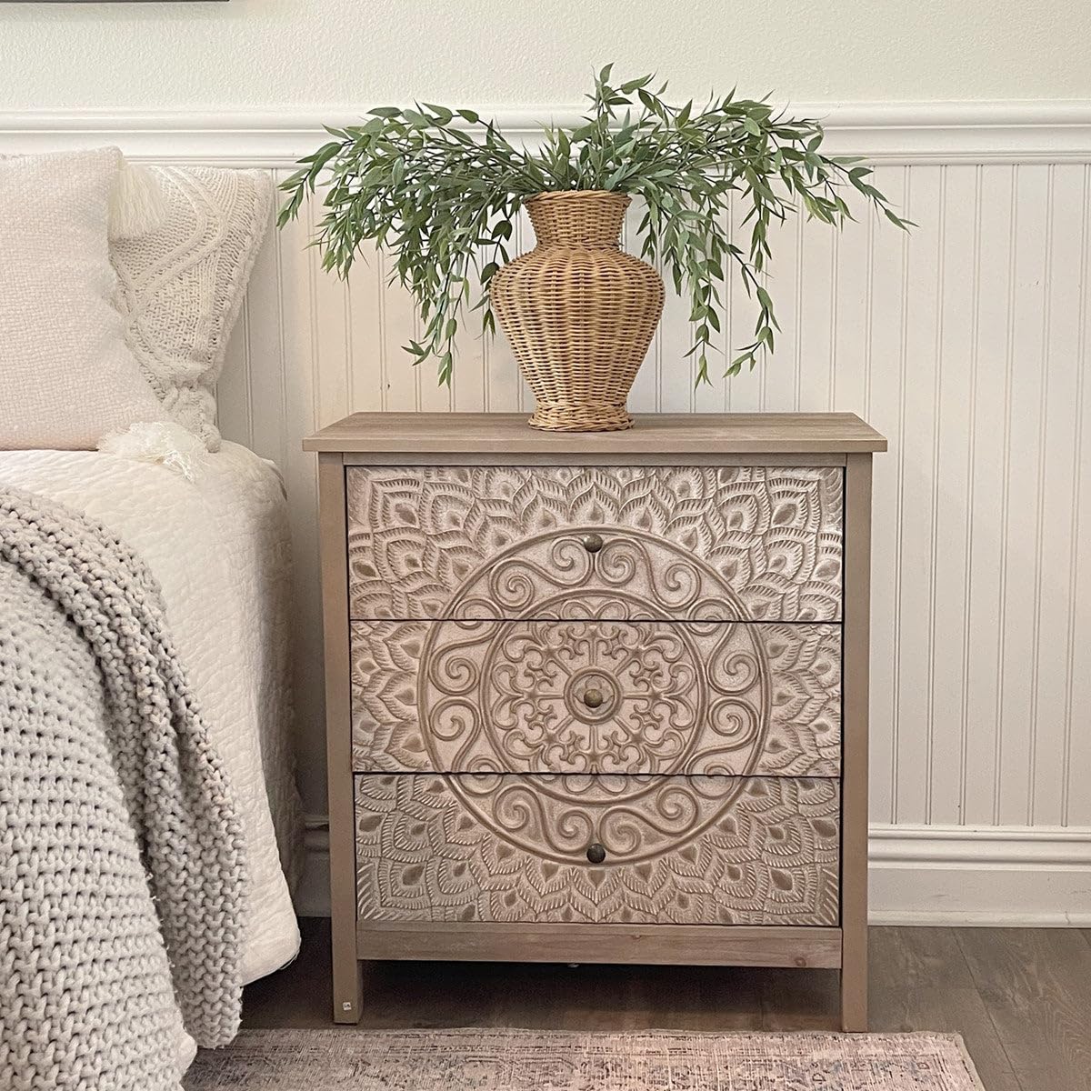 PHI VILLA Rustic Farmhouse Accent Cabinet with 3 Drawers - Entryway Storage Chest, Dresser for Bedroom, Living Room & Hallway Organization | Solid Wood Chest of Drawers for Home Decor