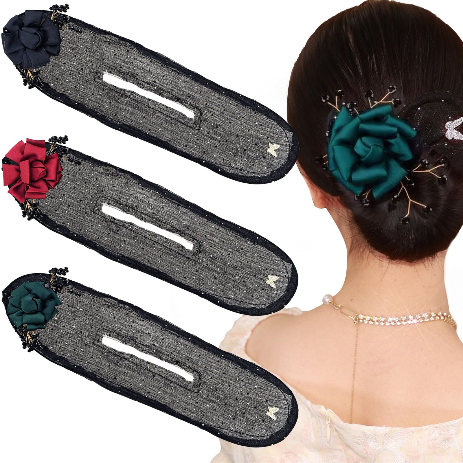 3 Pack Camellia Flower Hair Bun Makers - Quick & Stylish Hair Accessories for Women (Style 2) - Perfect for Parties, Weddings & Everyday Hairstyles