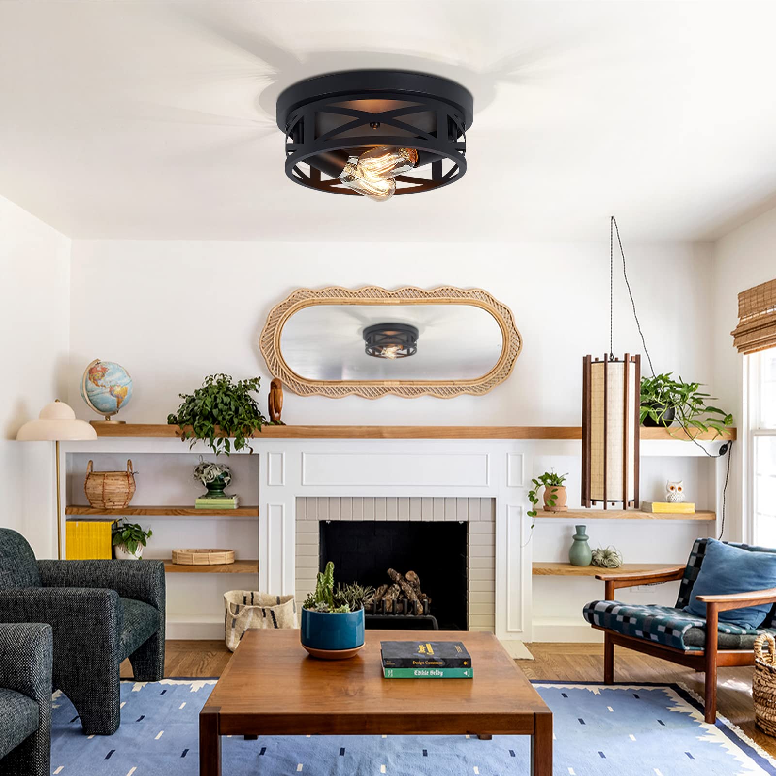 2 Pack Black Flush Mount Ceiling Light Fixtures - Industrial Farmhouse Metal Cage Lighting - E26 Base (10.63in) - Perfect for Kitchen, Entryway, Hallway, Bedroom & Dining Room Lighting