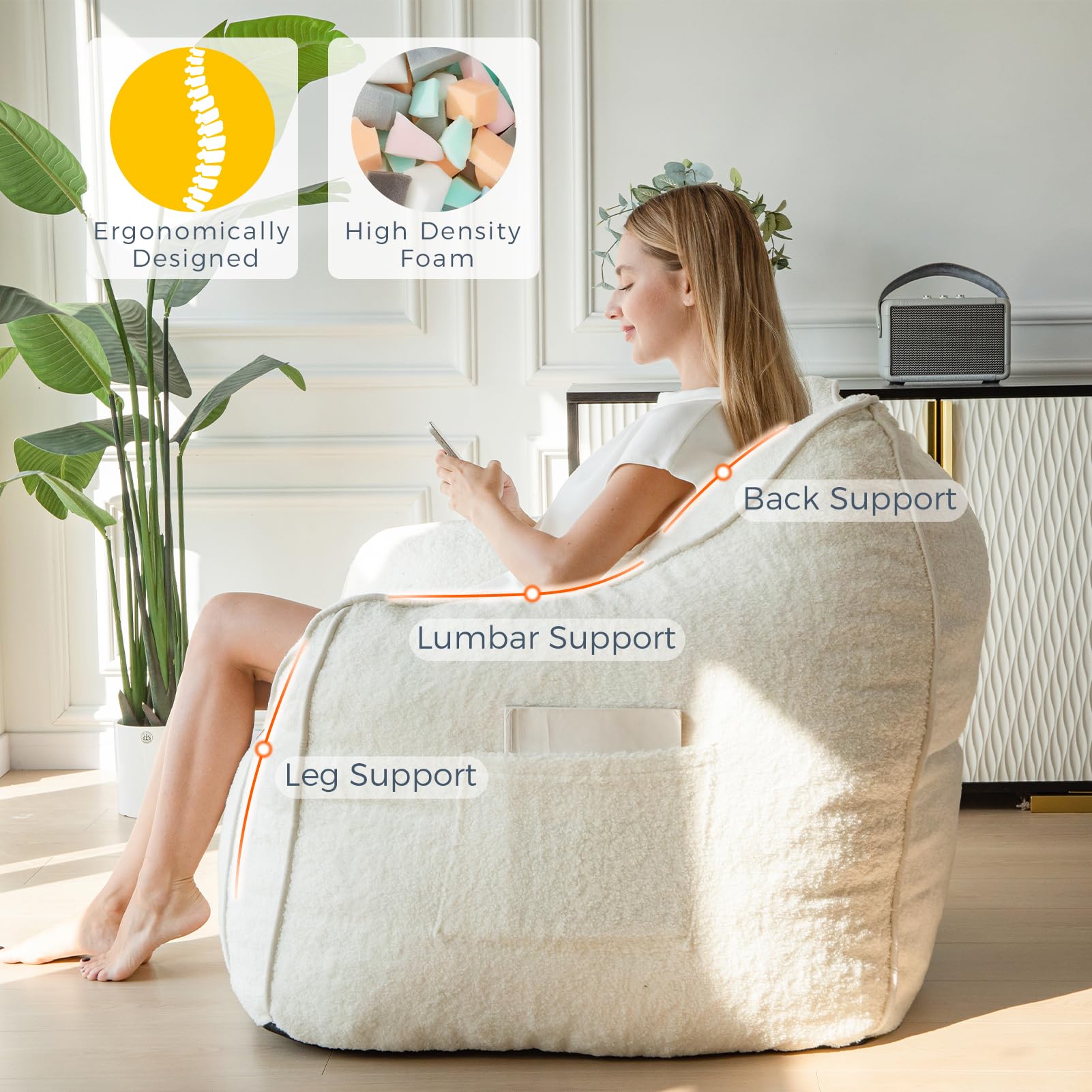 MAXYOYO Oversized Bean Bag Chair for Adults - Extra Large Fluffy Lounger with Decorative Stitching - Soft White Faux Fur Living Room Couch - Perfect for Relaxing, Gaming & Movie Nights