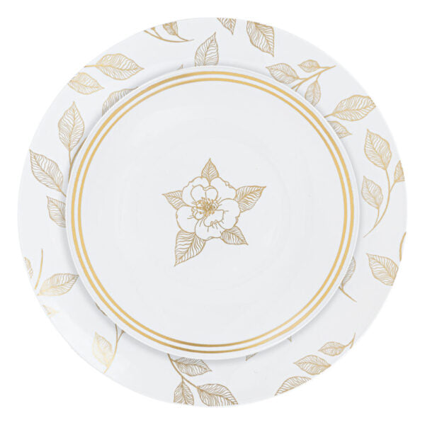 10-Pack White & Gold Round Plastic Plates - Elegant Botanic Design for Parties, Picnics, and Home Decor