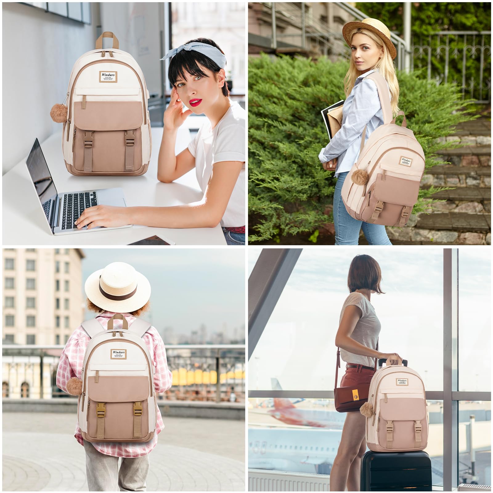 Stylish WINDARS 17.3 Inch Laptop Backpack for Teen Girls & College Women - Large School Bookbag with Aesthetic Design, Durable Travel Backpack (Khaki Beige) | Perfect for School, Work, Commuting & Weekend Trips