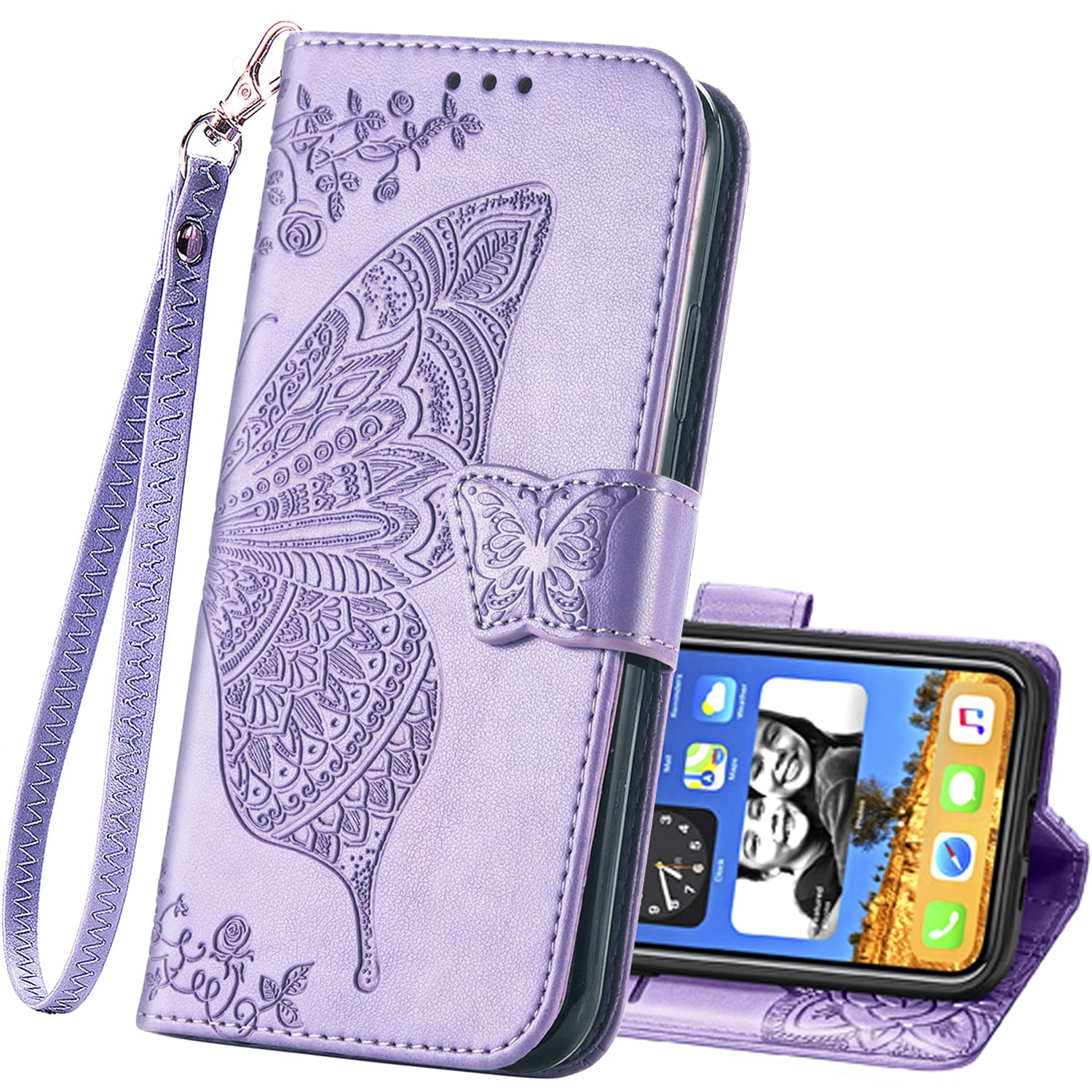 Premium PU Leather Wallet Case for iPhone 13 Pro Max - Flip Cover with Card Slots, Wrist Strap & Kickstand | Protective Phone Case with Butterfly Flower Embossing (Light Purple) | Perfect for Everyday Use, Travel & Hands-Free Convenience