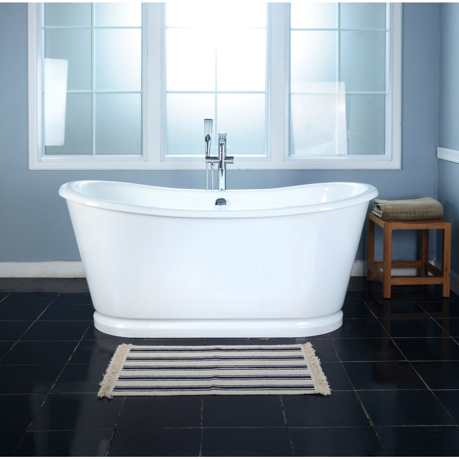 Aqua Eden 66 Inch White Cast Iron Oval Double Slipper Pedestal Bathtub - No Faucet Drillings - Luxury Freestanding Soaking Tub for Spa Bathroom & Master Suite Relaxation