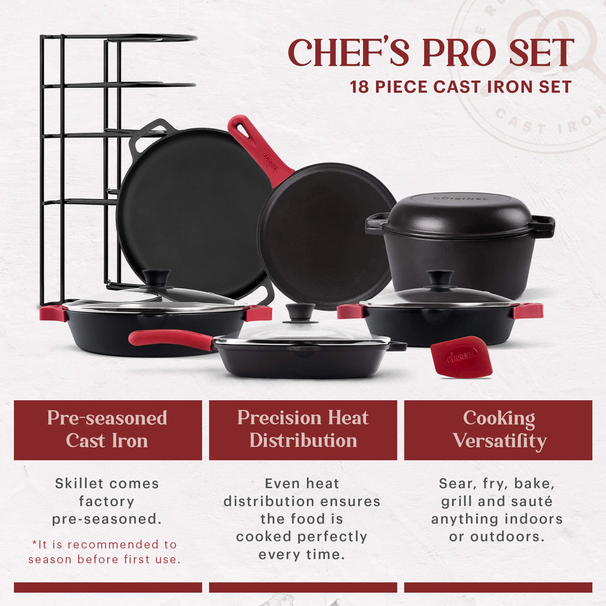 Cuisinel 18-Piece Cast Iron Cookware Set - Pre-Seasoned 10