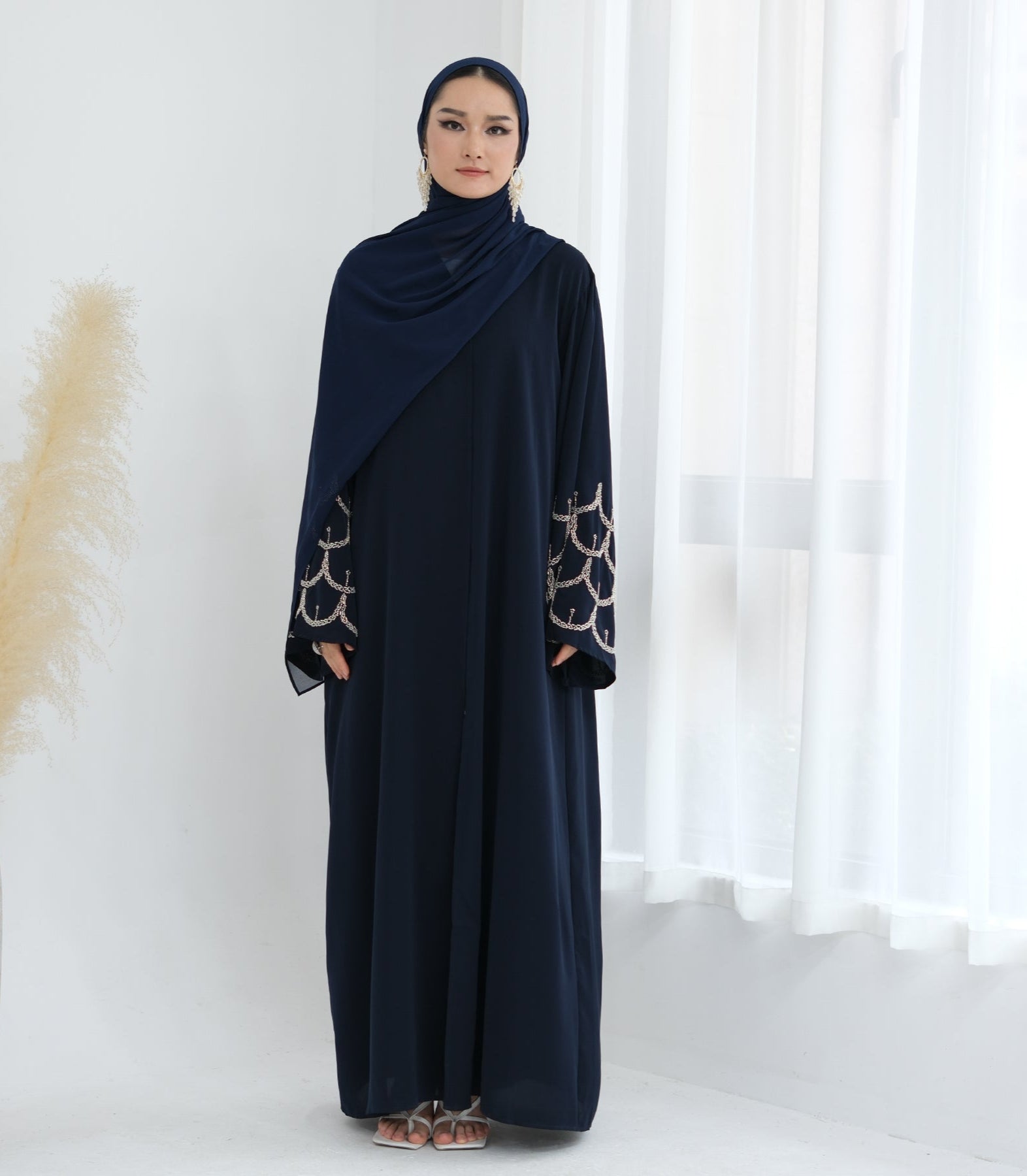Irssane Nida Open Abaya Kimono - Navy Blue Muslim Prayer Dress for Women | Perfect for Prayer, Mosque, and Special Occasions