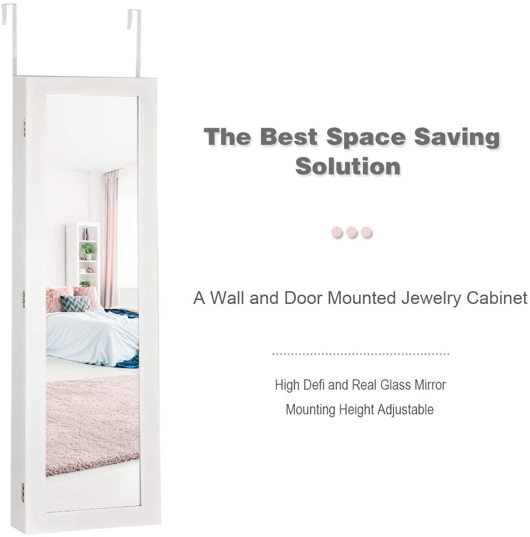Mirrored Jewelry Cabinet with 5 Shelves, 16 Necklace Hooks & 60 Ring Slots - Wall Mounted Jewelry Armoire Organizer with Full-Length Mirror, White - Perfect for Bedroom, Closet & Dressing Room Storage