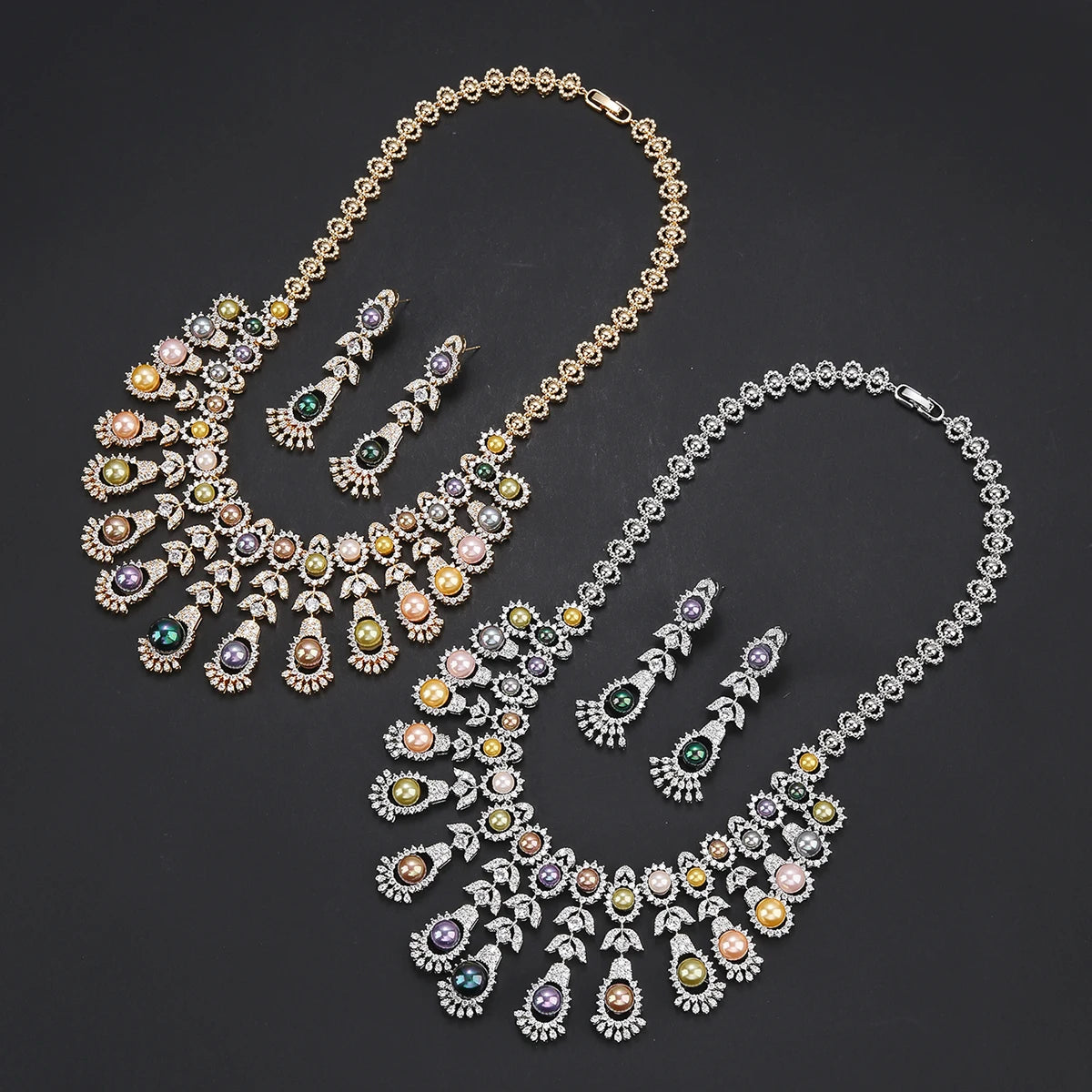 Luxury Cubic Zirconia 2-Piece Flower Pearl Necklace Set for Women - Nigeria Dubai Bridal Wedding Jewelry, Party Accessories CN11476 | Perfect for Weddings, Evening Parties, and Special Occasions