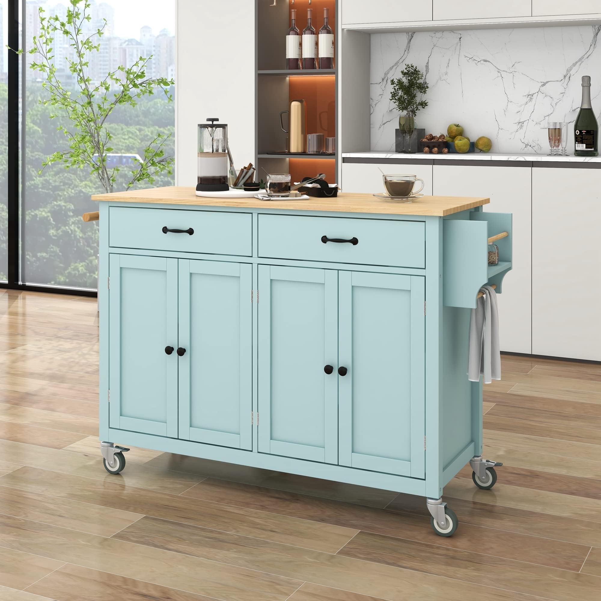 Rolling Kitchen Island Cart with Storage - Mobile Wood Top Kitchen Cart with Cabinet, Drawer, Spice Rack & Towel Rack - Mint Green Moveable Dining Table for Small Spaces, Apartment Cooking & Kitchen Organization