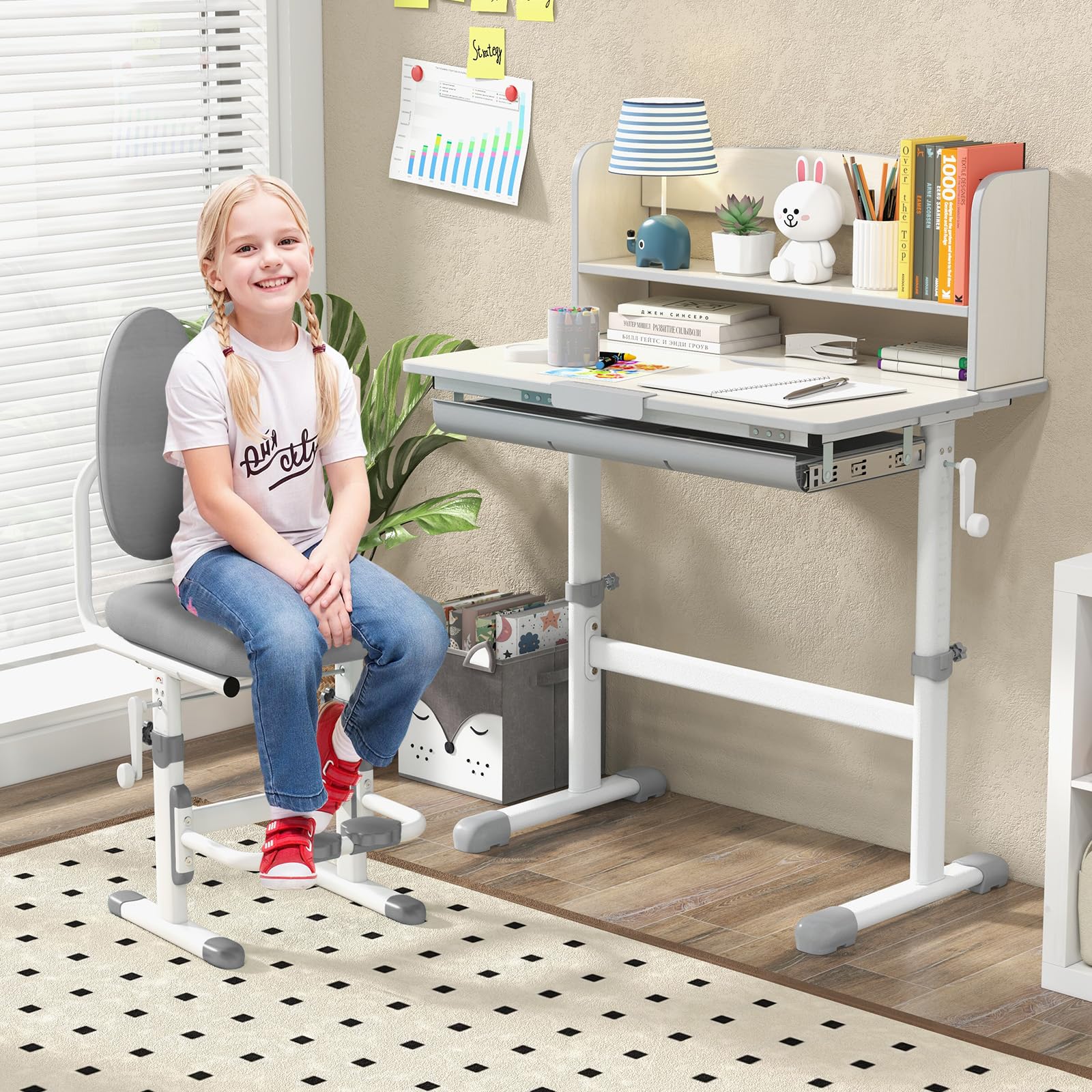 Costzon Adjustable Height Kids Desk with Tiltable Desktop, Storage Drawer & Hutch - Ergonomic Study Desk with Scale Ruler for Boys & Girls - Perfect for Homework, Drawing & Bedroom Organization (Grey)