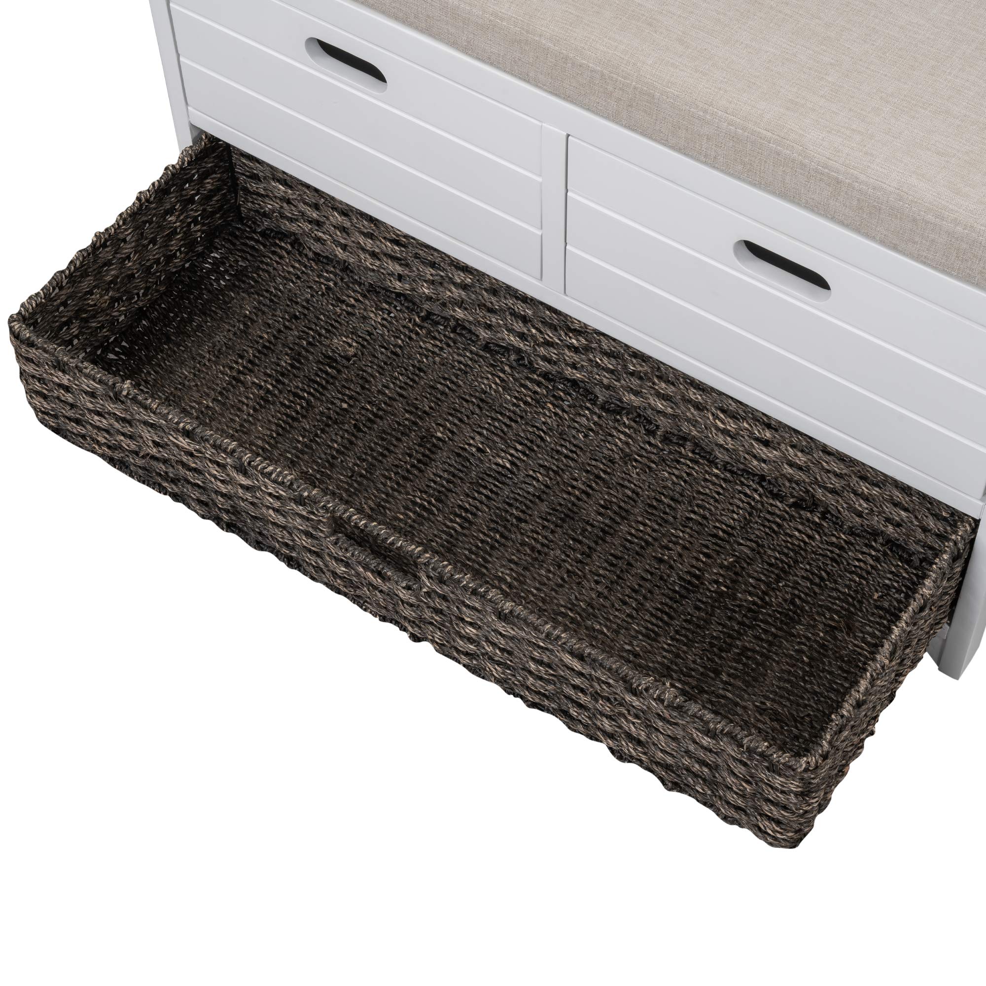 Wooden Storage Bench with 2 Drawers & Removable Basket - Fully Assembled Entryway Bench with Cushion - Wicker Shoe Bench for Hallway, Living Room, Bedroom (White) - Perfect for Entryway Organization & Shoe Storage