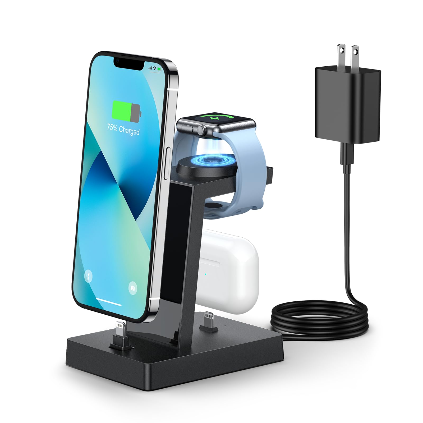3-in-1 Wireless Charging Station for Apple Watch Series 8/7/6/5/4/SE, iPhone 14/13/12/11/XR/8/7 Plus & AirPods - Fast Charging Dock with Nightstand Mode for Bedroom, Office and Travel