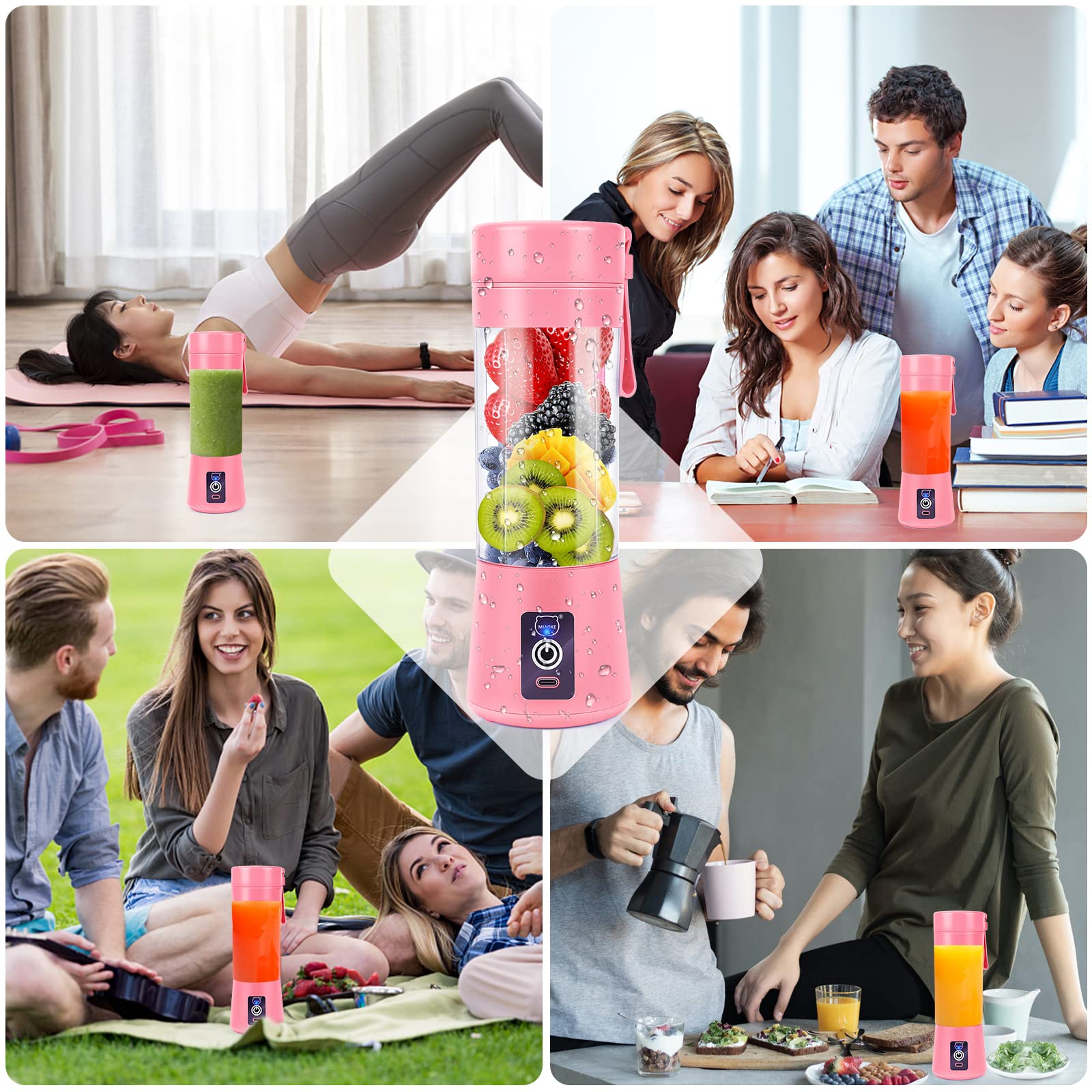 MIAOKE Portable Blender - 3D 6-Blade USB Rechargeable Mini Smoothie Maker & Personal Juicer Cup for Home, Office, Gym, Travel - Perfect for Shakes, Protein Drinks & Baby Food (Pink)