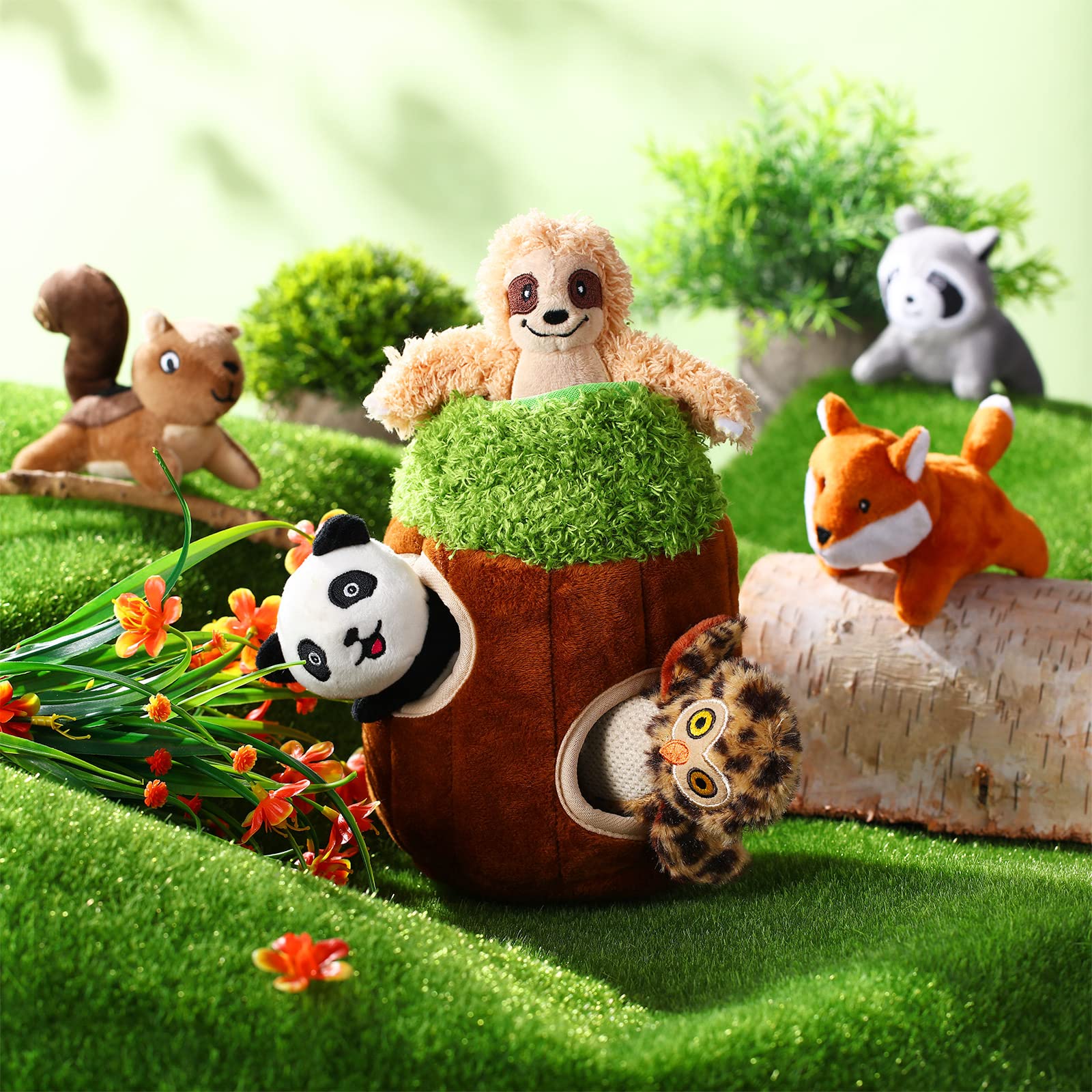 7-Piece Dog Hide and Seek Chew Toys with Squeakers - Plush Woodland Friends Puppy Toys for Small & Medium Dogs - Perfect for Interactive Play, Training, and Teething Relief