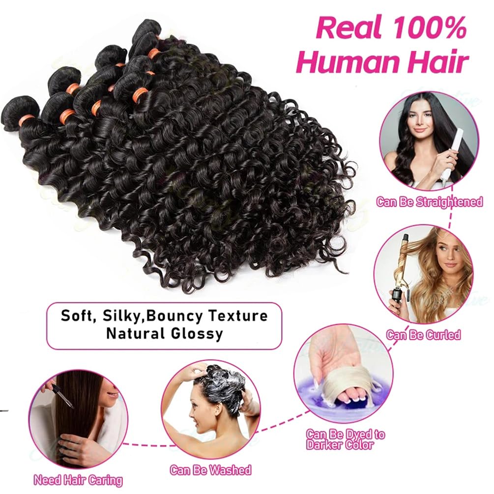 100% Unprocessed Brazilian Virgin Remy Deep Wave Human Hair Bundles (22 24 26 28 Inch) 12A Grade - Natural Black Curly Weft Hair Extensions for Black Women | Perfect for Protective Styles, Weaves & Volume Boosting