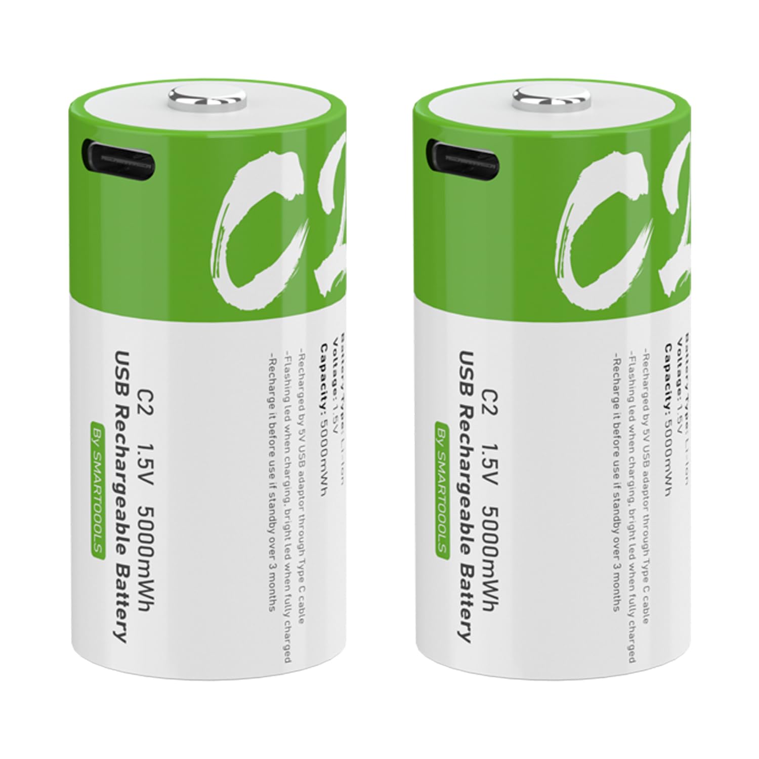 Rechargeable C Batteries 1.5V 5000mWh USB Type-C Lithium-ion C Cell Batteries (2-Pack) - Perfect for Flashlights, Toys, Radios & Emergency Power Backup