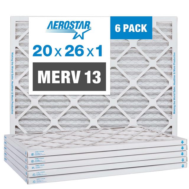 Aerostar 20x26x1 MERV 13 Air Filters - 6 Pack for Home HVAC Systems | High Efficiency Dust & Pollen Removal | Improves Indoor Air Quality for Allergies & Asthma Relief | Perfect for Bedrooms, Living Rooms & Offices