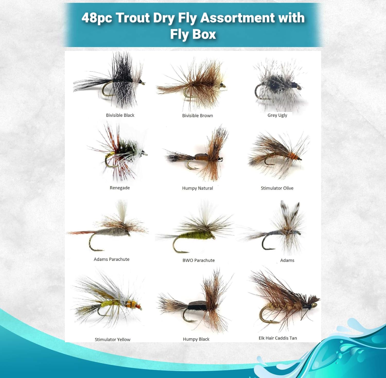 Premium Fly Fishing Flies Kit - 48 Trout Flies in 12 Patterns (Size 12 & 14, 2 Each) with Durable Fly Box | Dry Flies for Trout Fishing | Perfect for Freshwater Streams, Rivers and Lakes