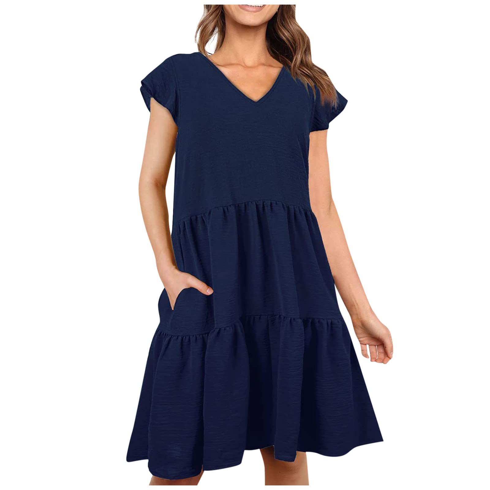 Huazi2 Women's Summer Dress - V-Neck Layered Swing Dress with Side Pockets, Ruffle Short Sleeves & Smocked Waist | Flowy Beach Dress for Vacation, Pool Party & Casual Outings
