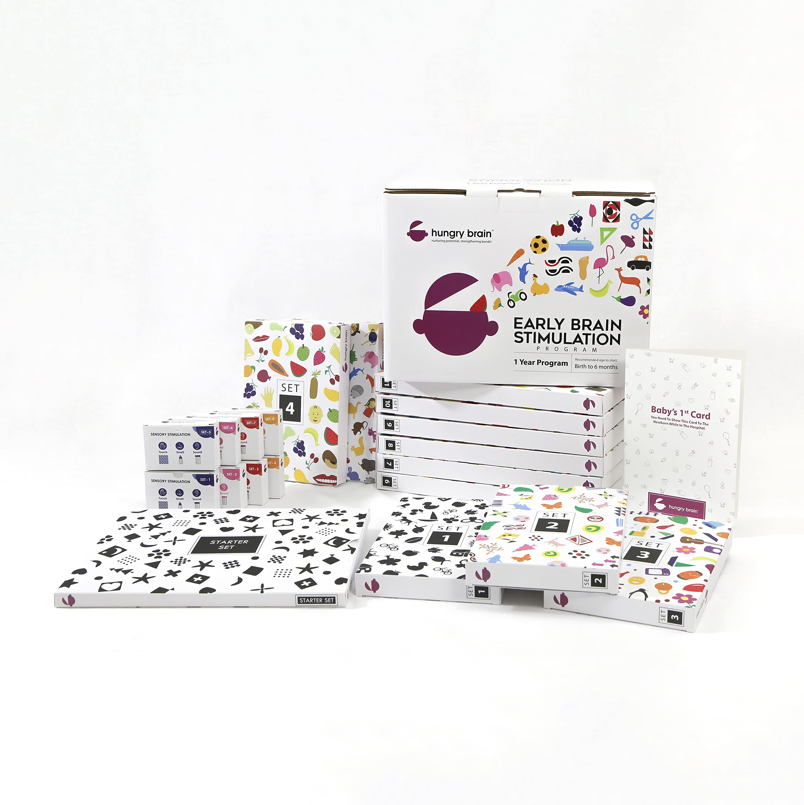 Hungry Brain 1 Year Program for Newborn Babies - 240 Black & White Learning Flash Cards, 120 Word Cards, 128 Thinking Stimulation Cards, 4 Story Books - Visual Stimulation & Early Education for Toddlers - Perfect for Baby Shower Gifts & Montessori Learning at Home
