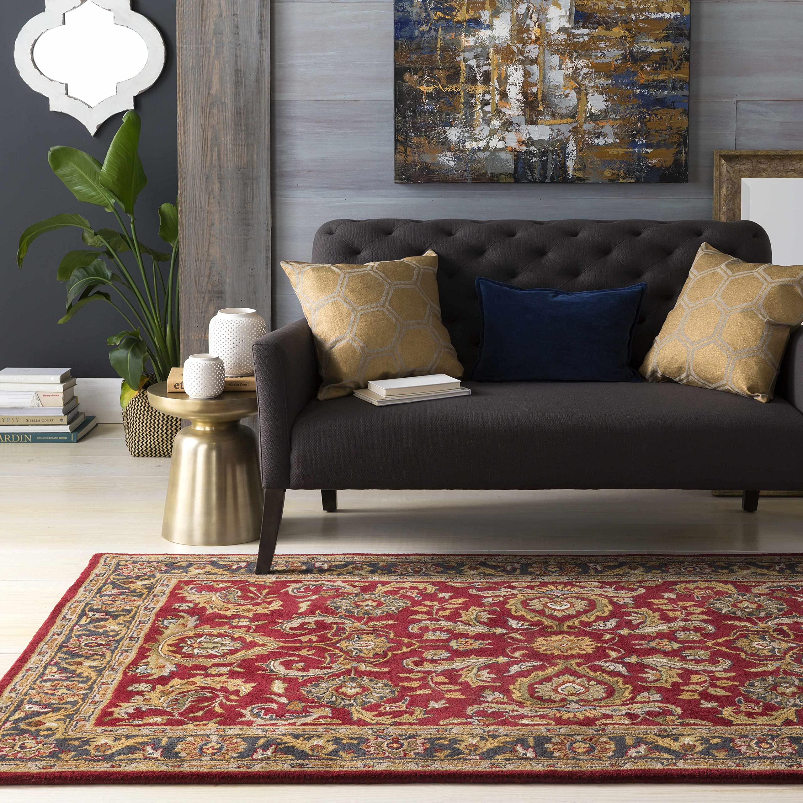 Hauteloom Hankamer Wool Area Rug for Living Room & Bedroom - Traditional Design in Red, Navy, Mustard - 9' x 13' - Soft & Durable Floor Covering for Home Decor, Cozy Comfort