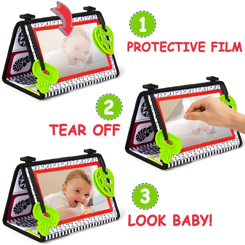 **teytoy Tummy Time Baby Mirror & Teether Toy - High Contrast Black & White Sensory Toy for Infants 0-6 Months - Foldable Floor Mirror for Newborn Development - Perfect for Playtime & Early Learning**